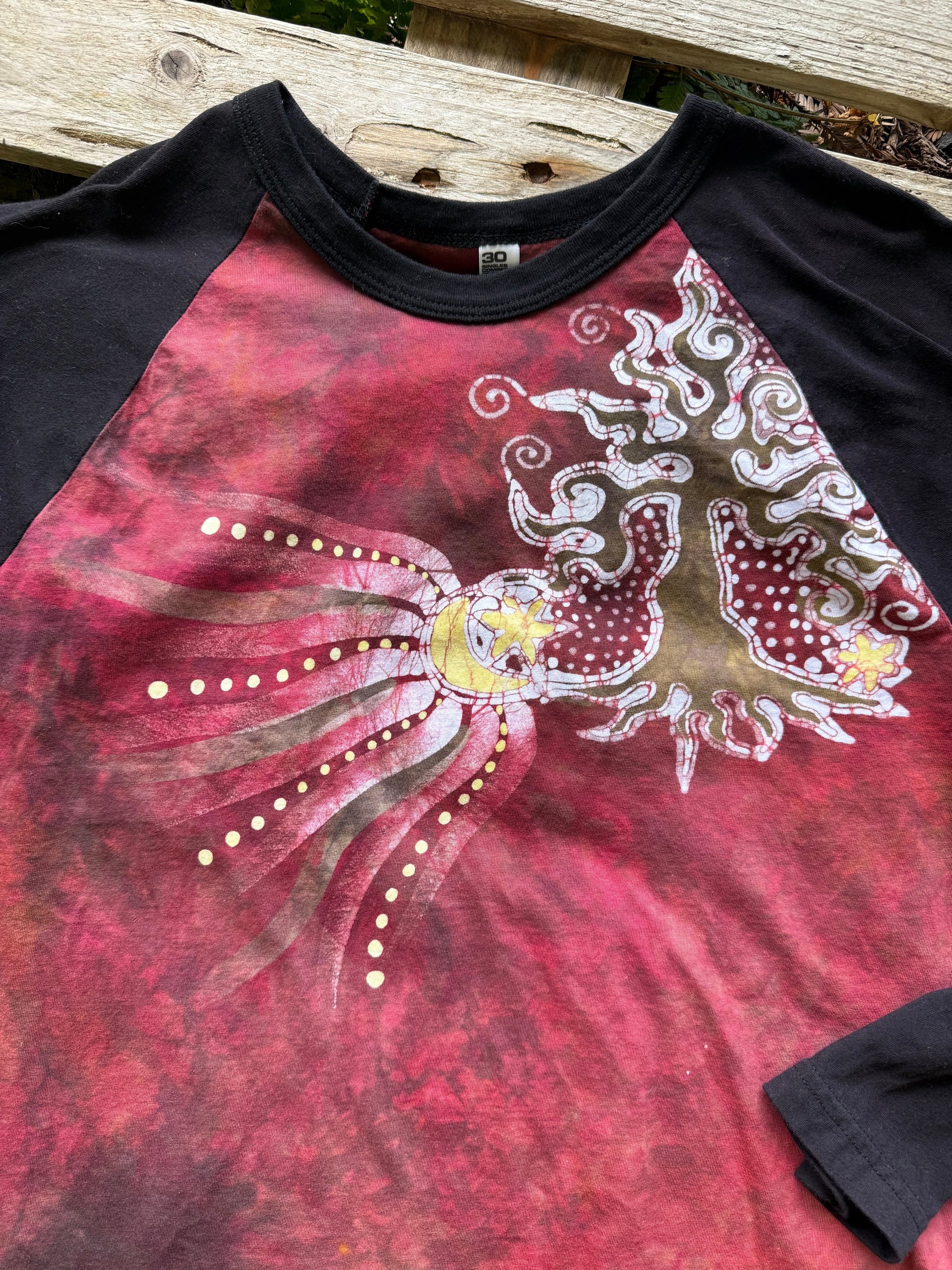 Tree & Moonbeam Rays Batik Tee – 3/4 Sleeve Artist Shirt in Deep Red Batikwalla by Victoria Large 