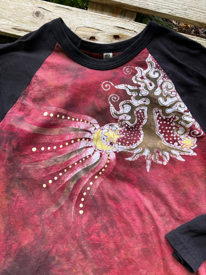 Tree & Moonbeam Rays Batik Tee – 3/4 Sleeve Artist Shirt in Deep Red Batikwalla by Victoria Large 