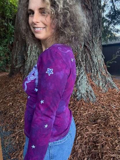 Bright Magenta Purple Moon and Stars Batik Long Sleeve Scoop Neck Tee Batikwalla 
