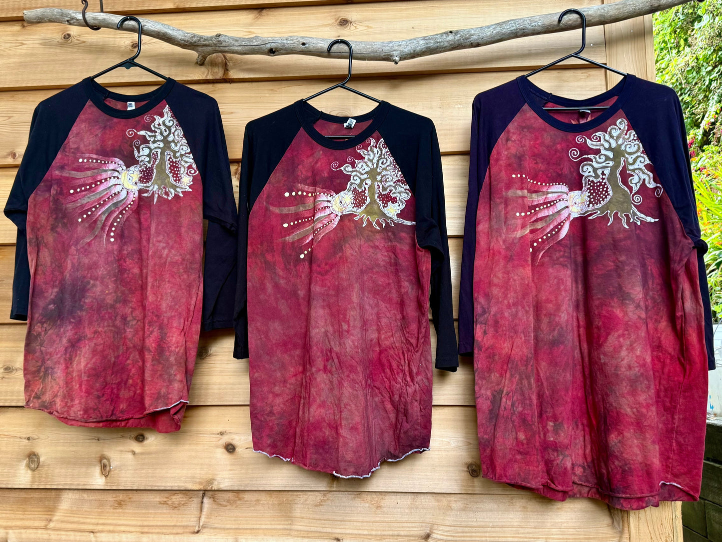 Tree & Moonbeam Rays Batik Tee – 3/4 Sleeve Artist Shirt in Deep Red Batikwalla by Victoria 