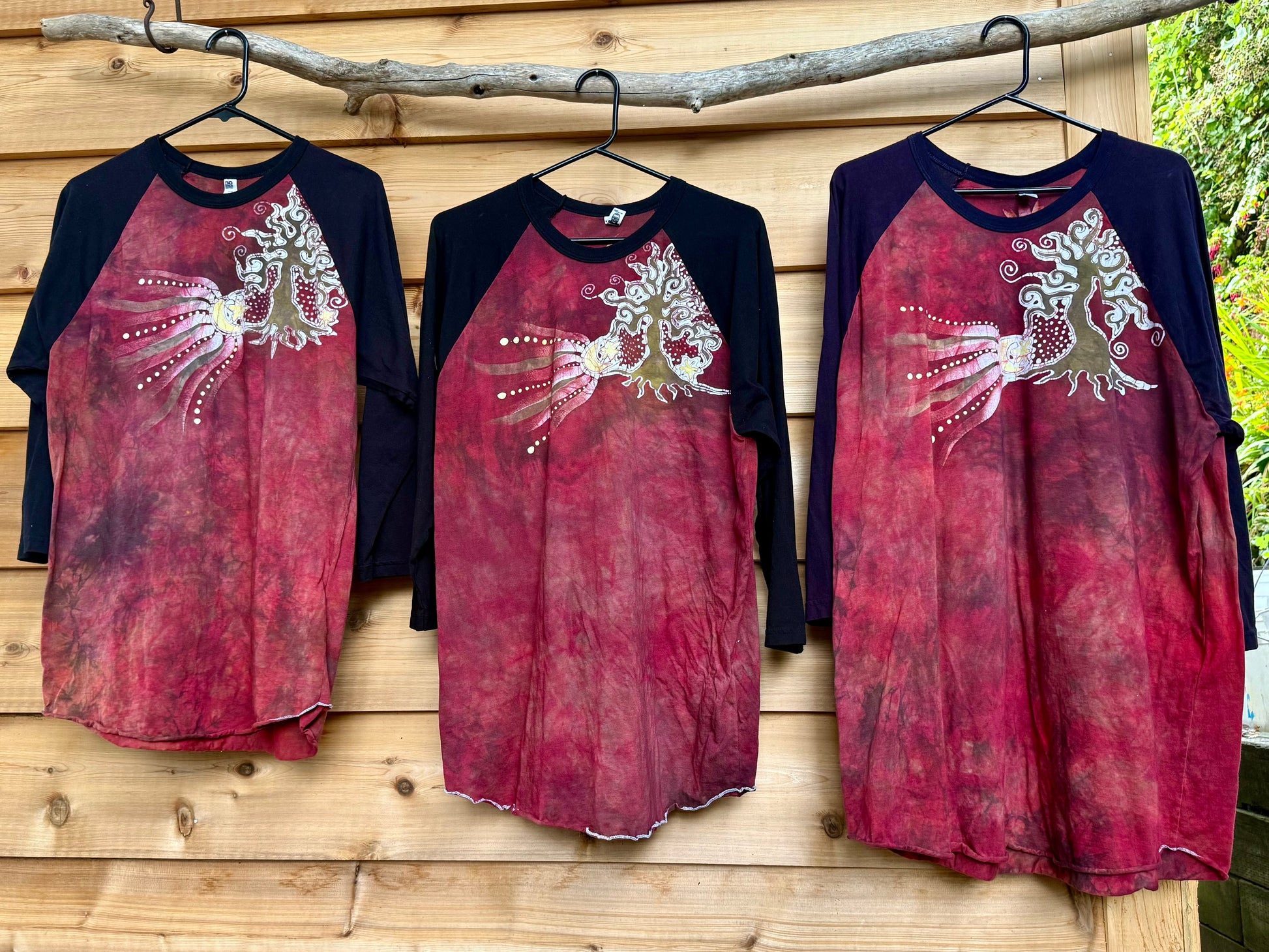 Tree & Moonbeam Rays Batik Tee – 3/4 Sleeve Artist Shirt in Deep Red Batikwalla by Victoria 