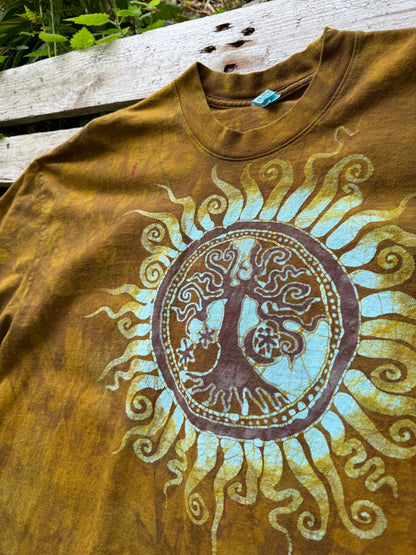 Golden Solstice Tree of Life – Handmade Batik T-Shirt in Ochre Glow Batikwalla by Victoria 