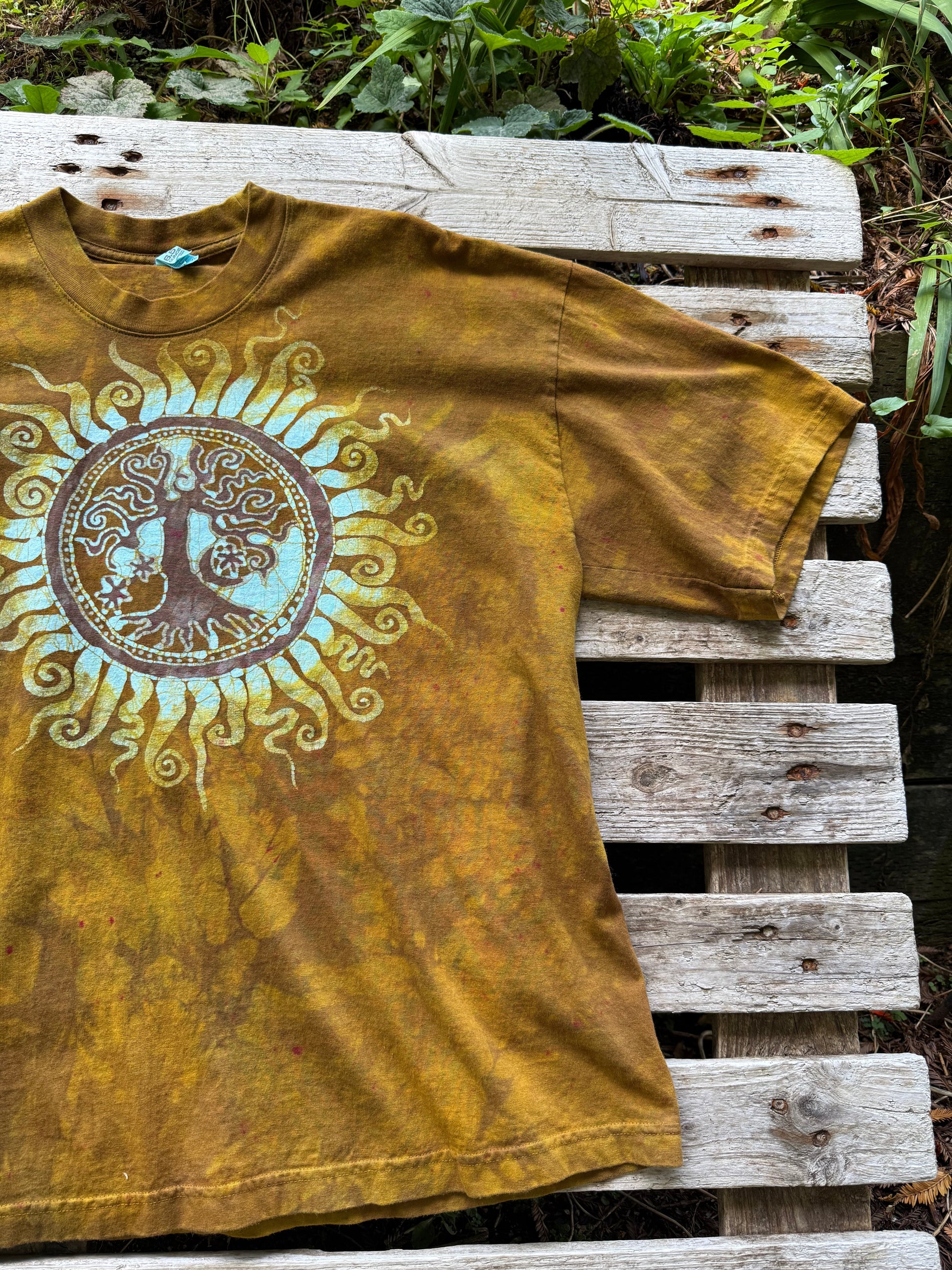 Golden Solstice Tree of Life – Handmade Batik T-Shirt in Ochre Glow Batikwalla by Victoria XL 
