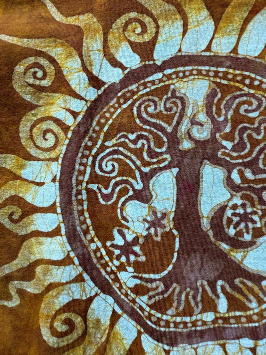 Golden Solstice Tree of Life – Handmade Batik T-Shirt in Ochre Glow Batikwalla by Victoria M 