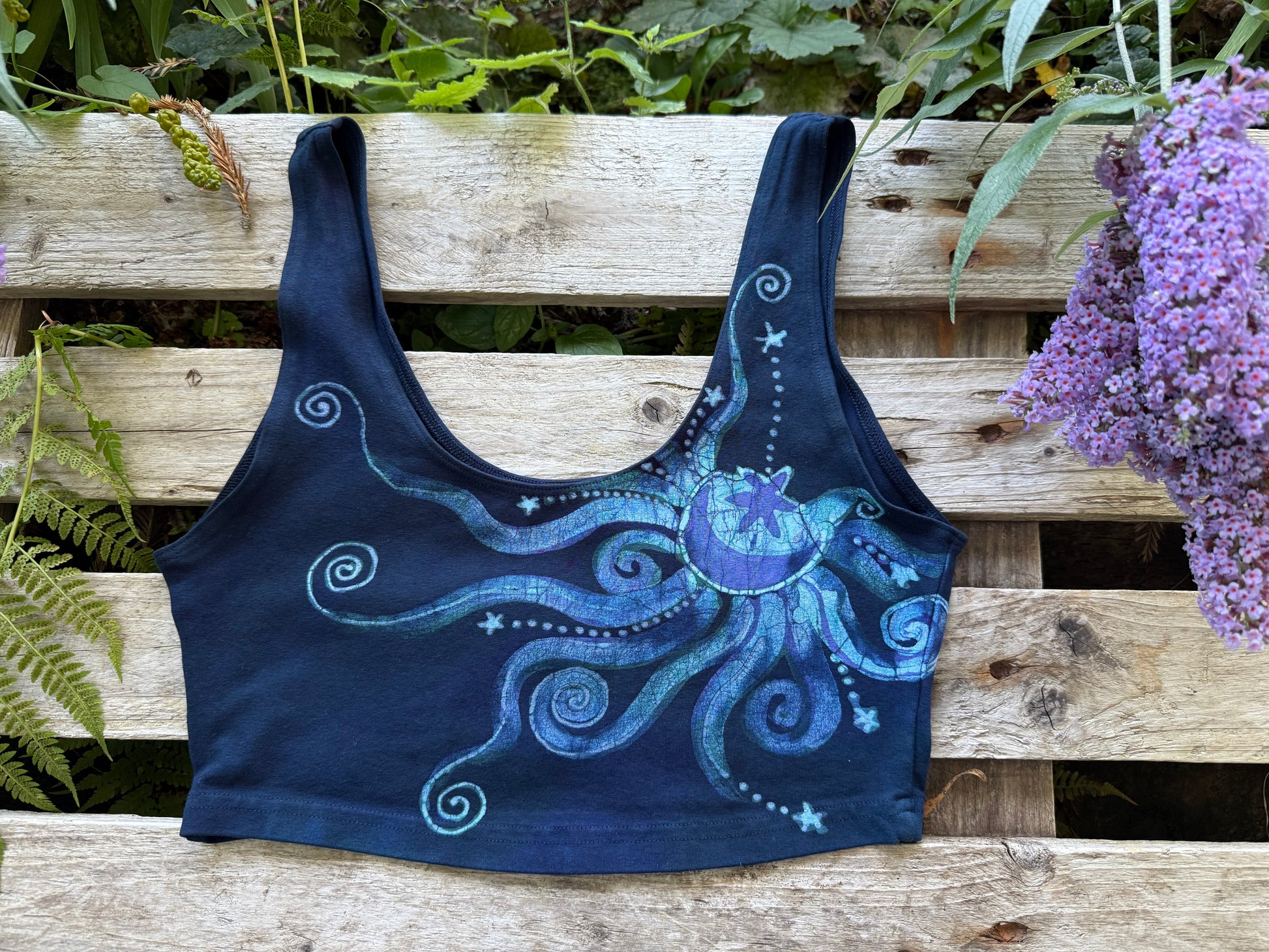 Reversible Batik Sports Bra – Navy Celestial Sun & Moon Crop Top in Teal & Purple Batikwalla by Victoria XL 