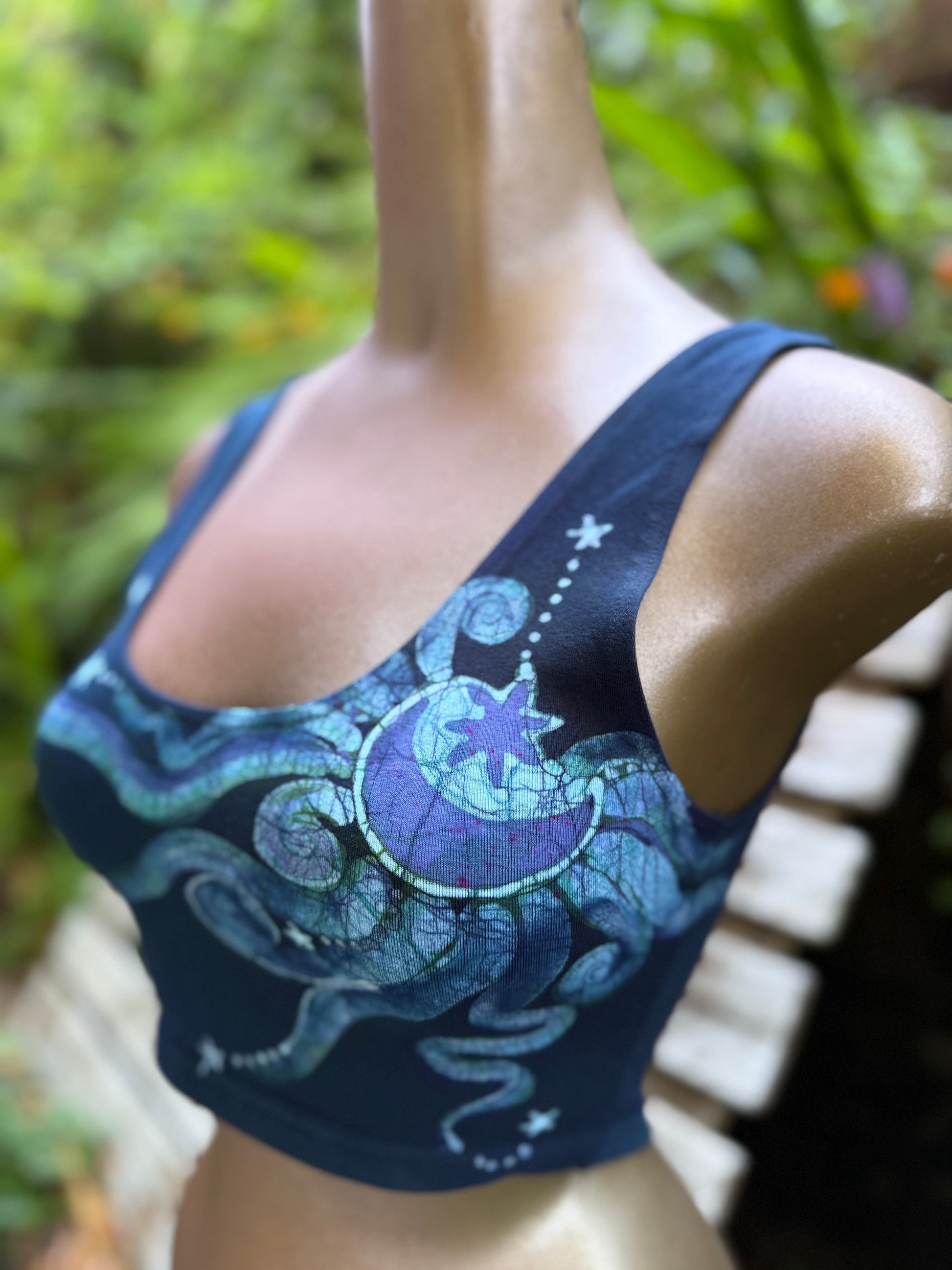 Reversible Batik Sports Bra – Navy Celestial Sun & Moon Crop Top in Teal & Purple Batikwalla by Victoria 