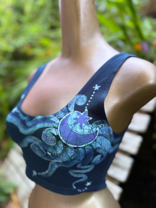 Reversible Batik Sports Bra – Navy Celestial Sun & Moon Crop Top in Teal & Purple Batikwalla by Victoria 