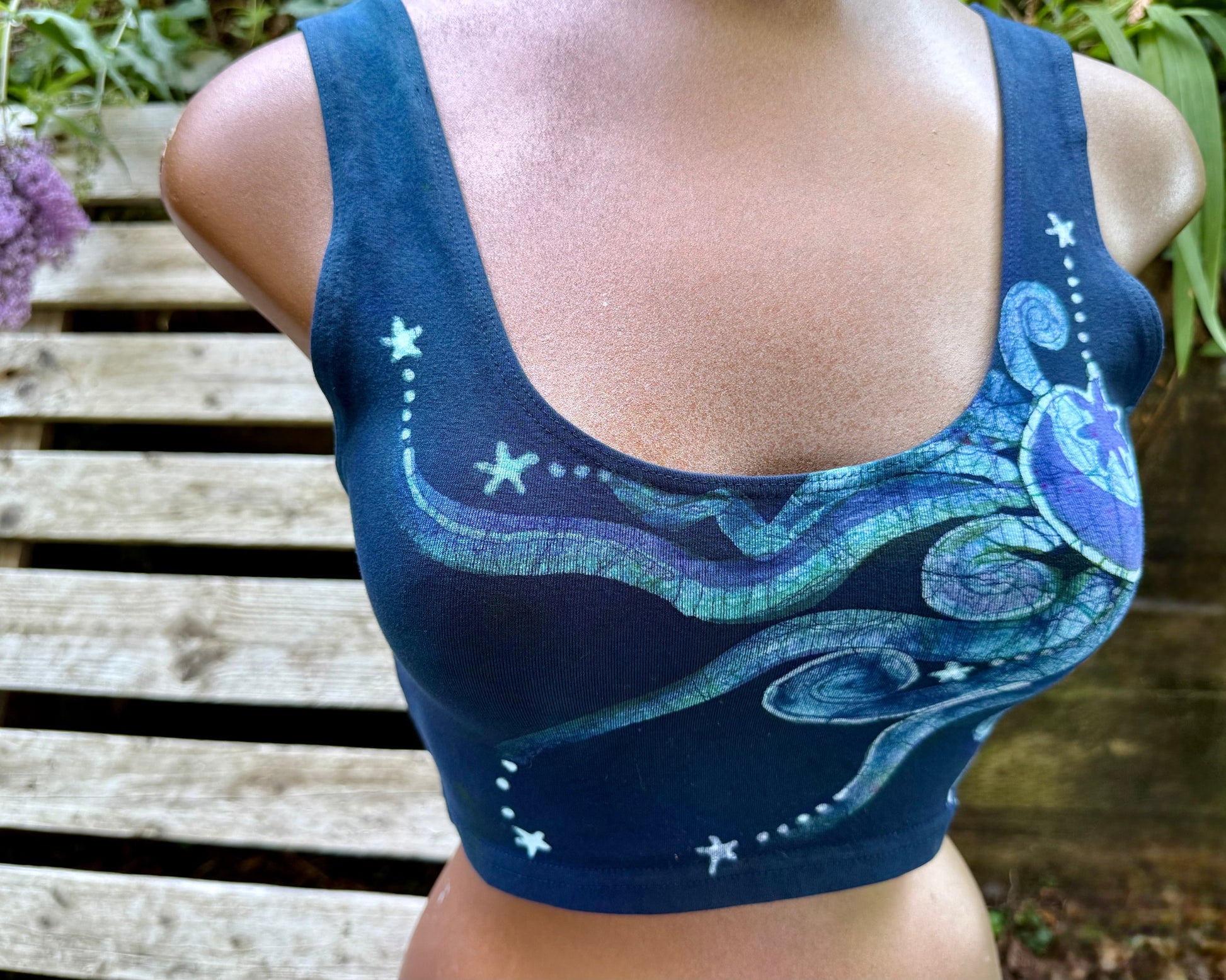 Reversible Batik Sports Bra – Navy Celestial Sun & Moon Crop Top in Teal & Purple Batikwalla by Victoria Medium 