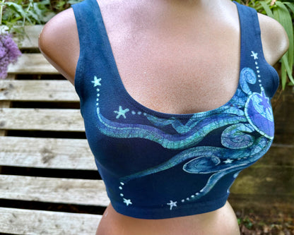 Reversible Batik Sports Bra – Navy Celestial Sun & Moon Crop Top in Teal & Purple Batikwalla by Victoria Medium 