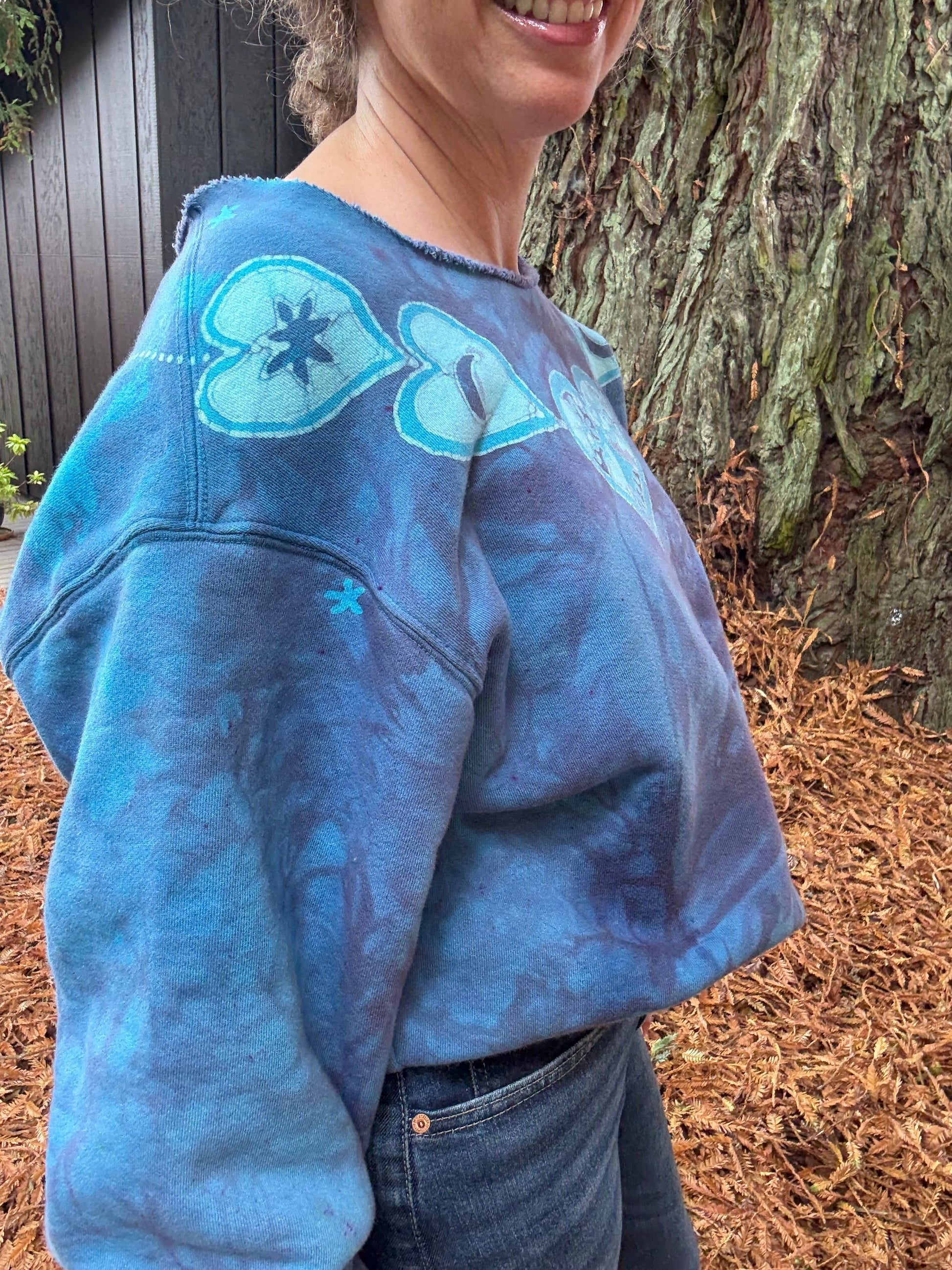 Heart & Tree Batik Puffy Crewneck Sweatshirt – Light Blue & Purple with Moon & Stars Batikwalla by Victoria 