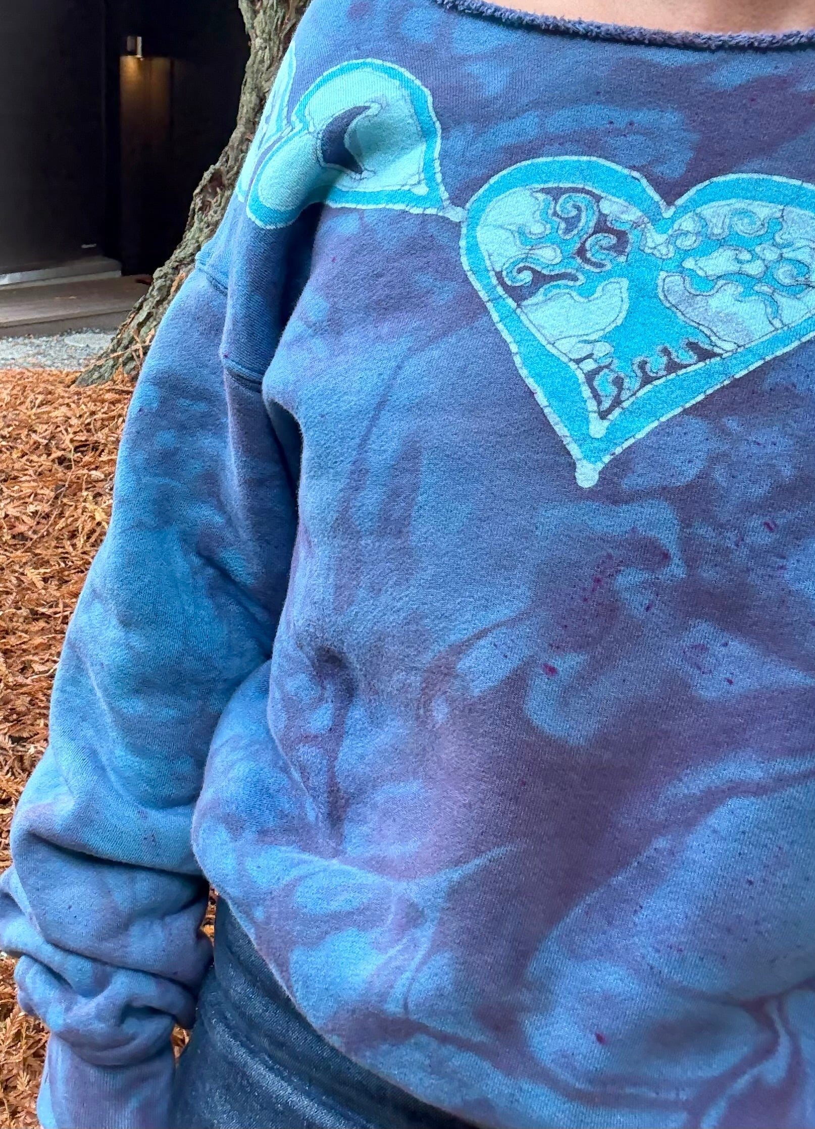 Heart & Tree Batik Puffy Crewneck Sweatshirt – Light Blue & Purple with Moon & Stars Batikwalla by Victoria 
