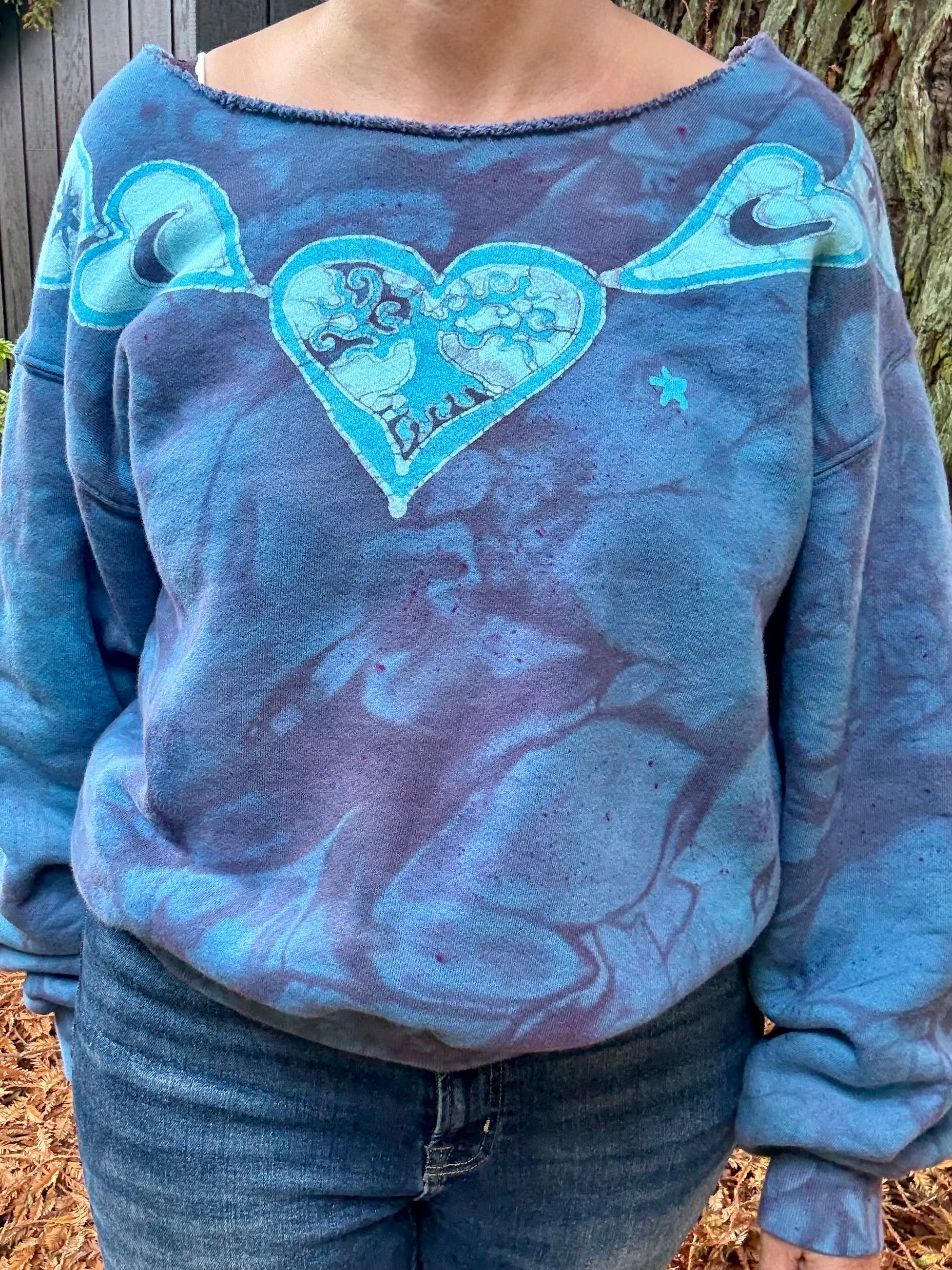 Heart & Tree Batik Puffy Crewneck Sweatshirt – Light Blue & Purple with Moon & Stars Batikwalla by Victoria 