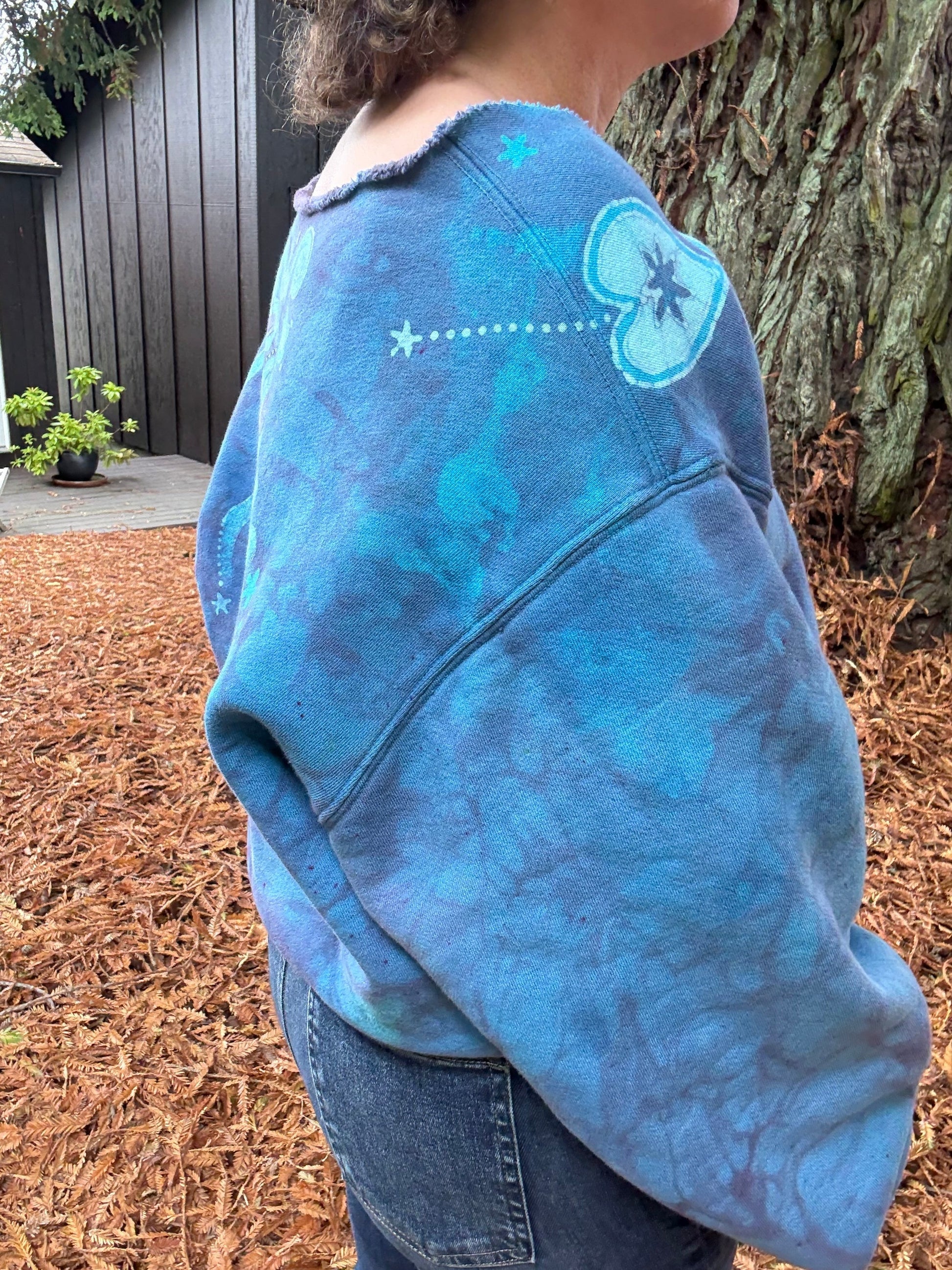 Heart & Tree Batik Puffy Crewneck Sweatshirt – Light Blue & Purple with Moon & Stars Batikwalla by Victoria 