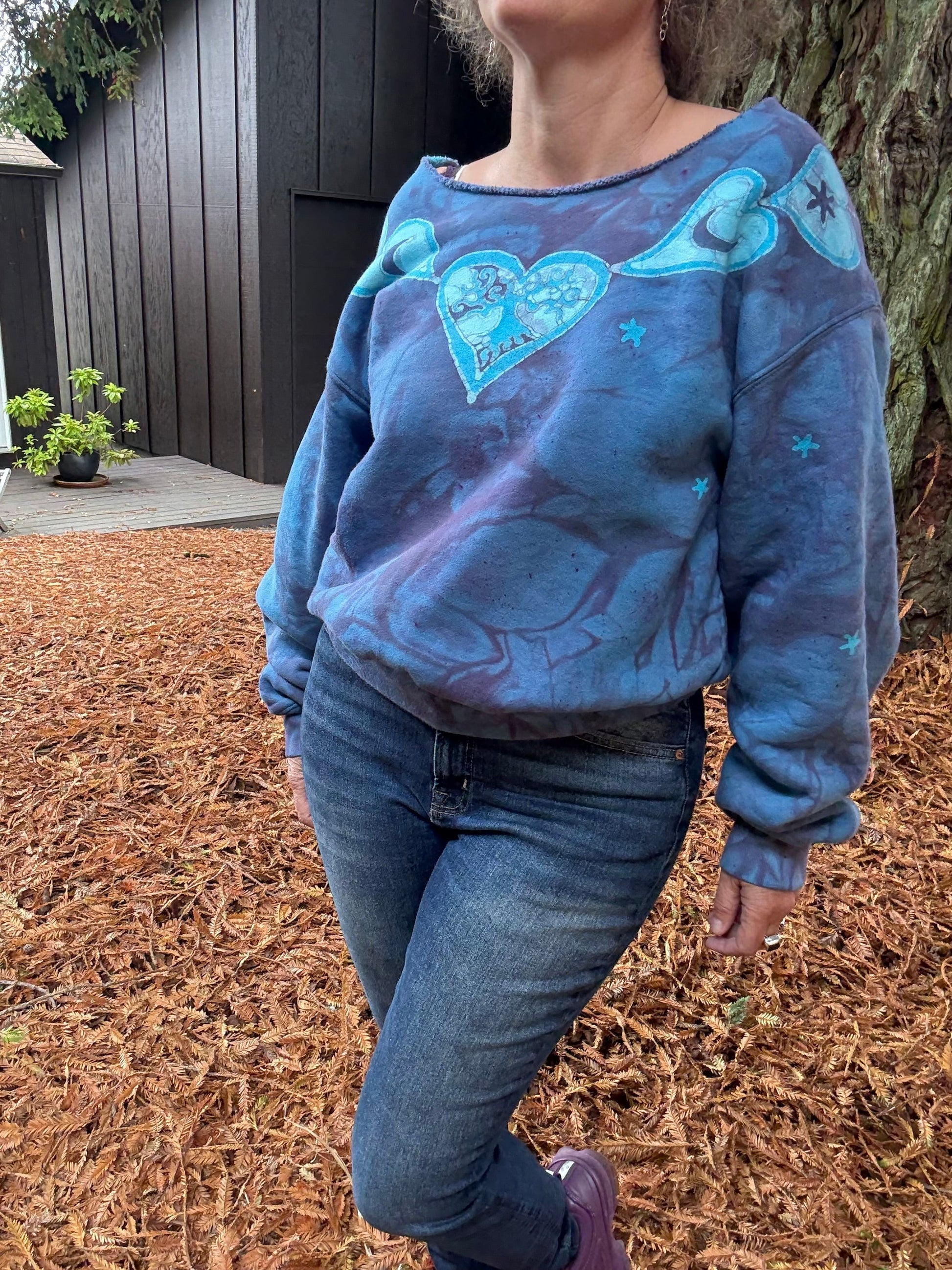 Heart & Tree Batik Puffy Crewneck Sweatshirt – Light Blue & Purple with Moon & Stars Batikwalla by Victoria 