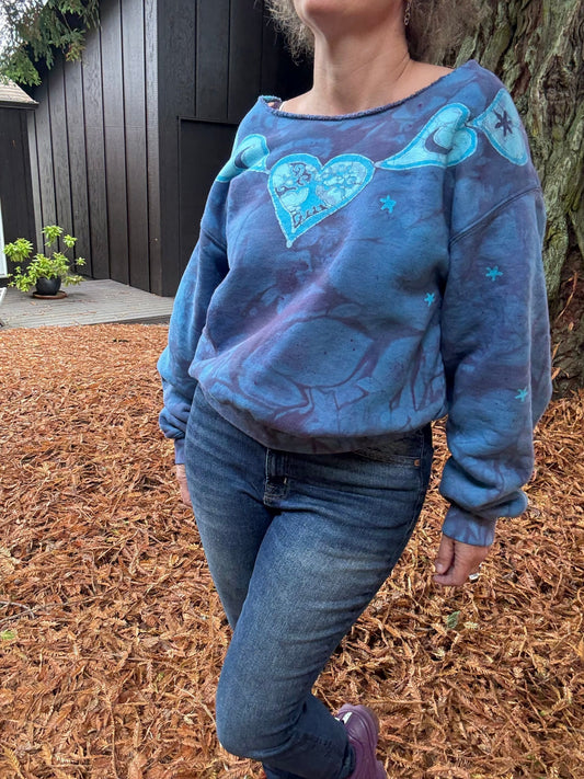Heart & Tree Batik Puffy Crewneck Sweatshirt – Light Blue & Purple with Moon & Stars Batikwalla by Victoria 