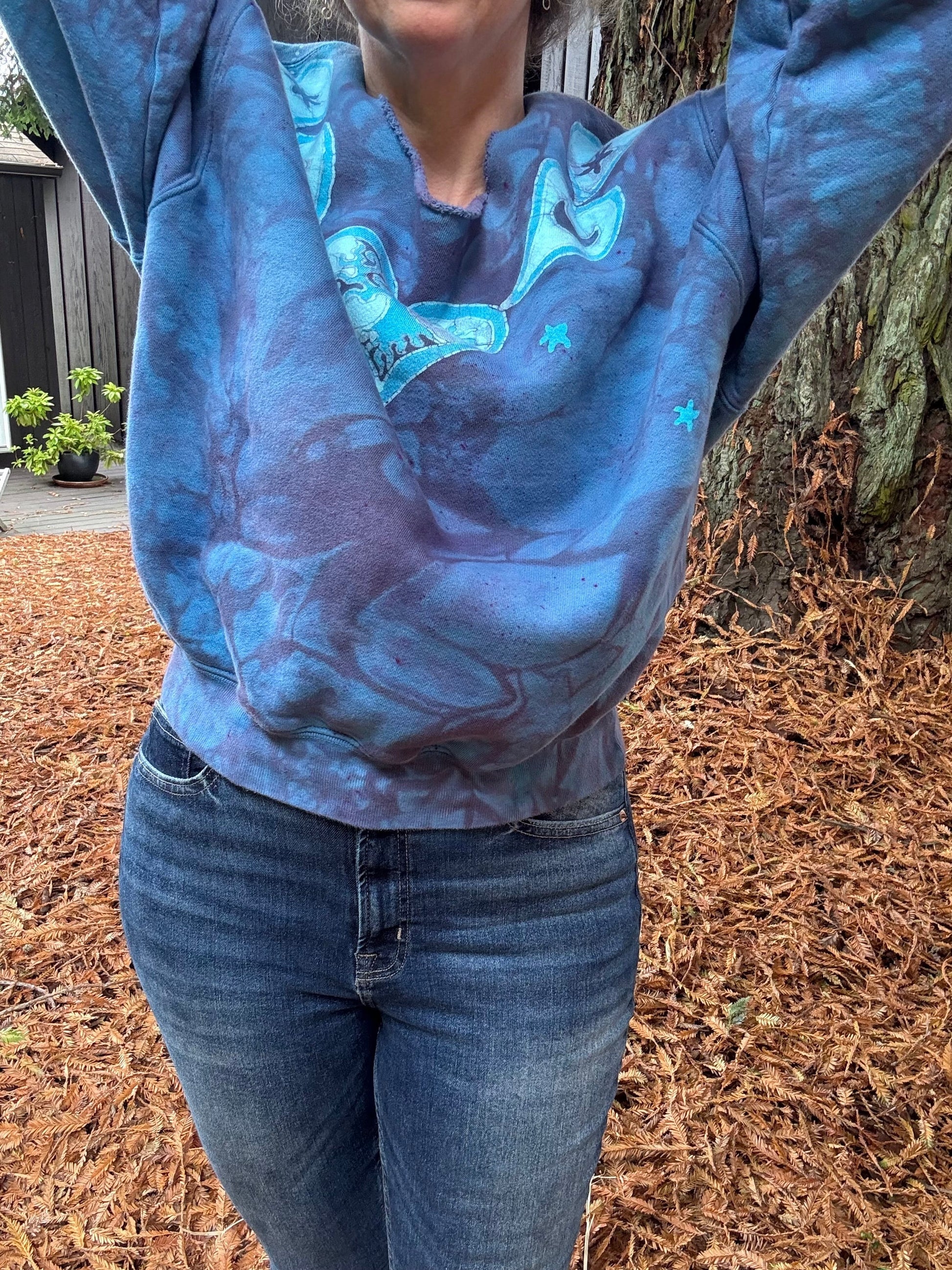 Heart & Tree Batik Puffy Crewneck Sweatshirt – Light Blue & Purple with Moon & Stars Batikwalla by Victoria 