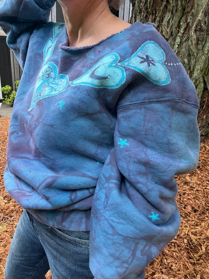 Heart & Tree Batik Puffy Crewneck Sweatshirt – Light Blue & Purple with Moon & Stars Batikwalla by Victoria One size 