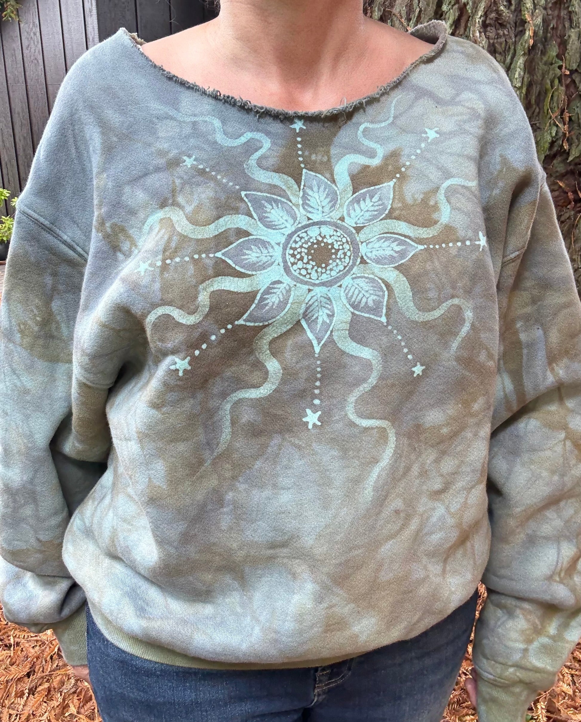 Stone Gray Sunleaf Mandala Puffy Crewneck Sweatshirt – Hand-Painted Batik with Moon & Stars Batikwalla by Victoria 
