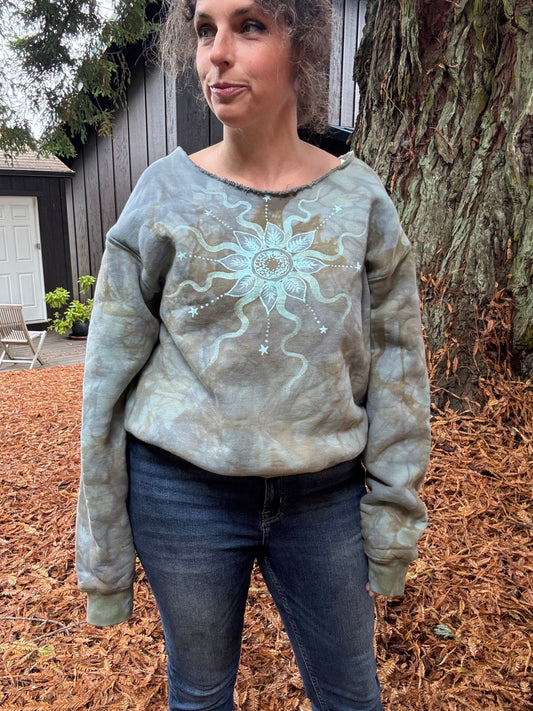 Stone Gray Sunleaf Mandala Puffy Crewneck Sweatshirt – Hand-Painted Batik with Moon & Stars Batikwalla by Victoria One size 