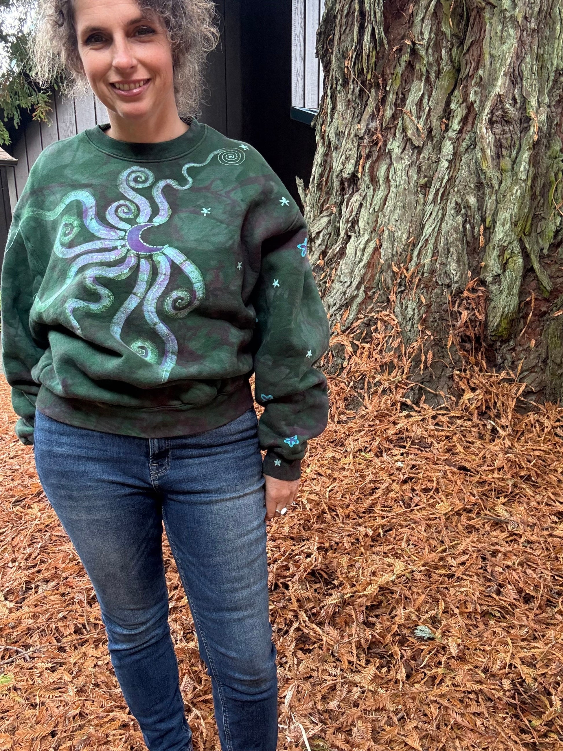 Teal Green and Purple Moon Puffy Crew Neck Sweatshirt Batikwalla by Victoria 