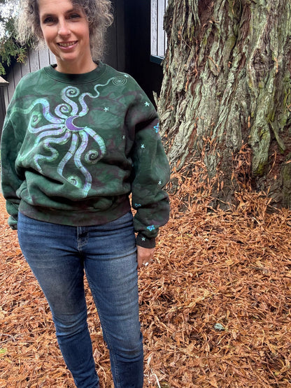 Teal Green and Purple Moon Puffy Crew Neck Sweatshirt Batikwalla by Victoria 