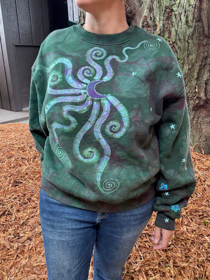 Teal Green and Purple Moon Puffy Crew Neck Sweatshirt Batikwalla by Victoria 