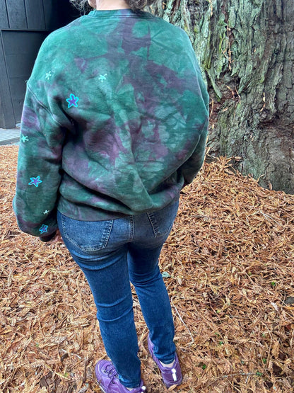 Teal Green and Purple Moon Puffy Crew Neck Sweatshirt Batikwalla by Victoria 