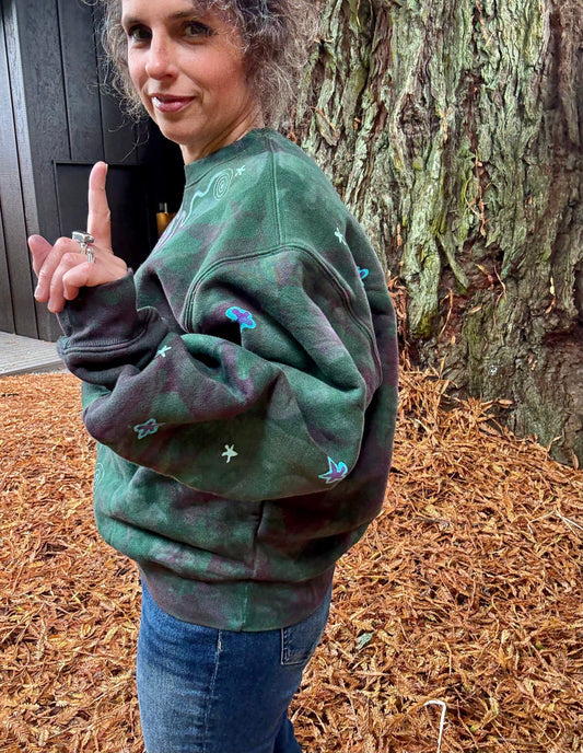 Teal Green and Purple Moon Puffy Crew Neck Sweatshirt Batikwalla by Victoria 