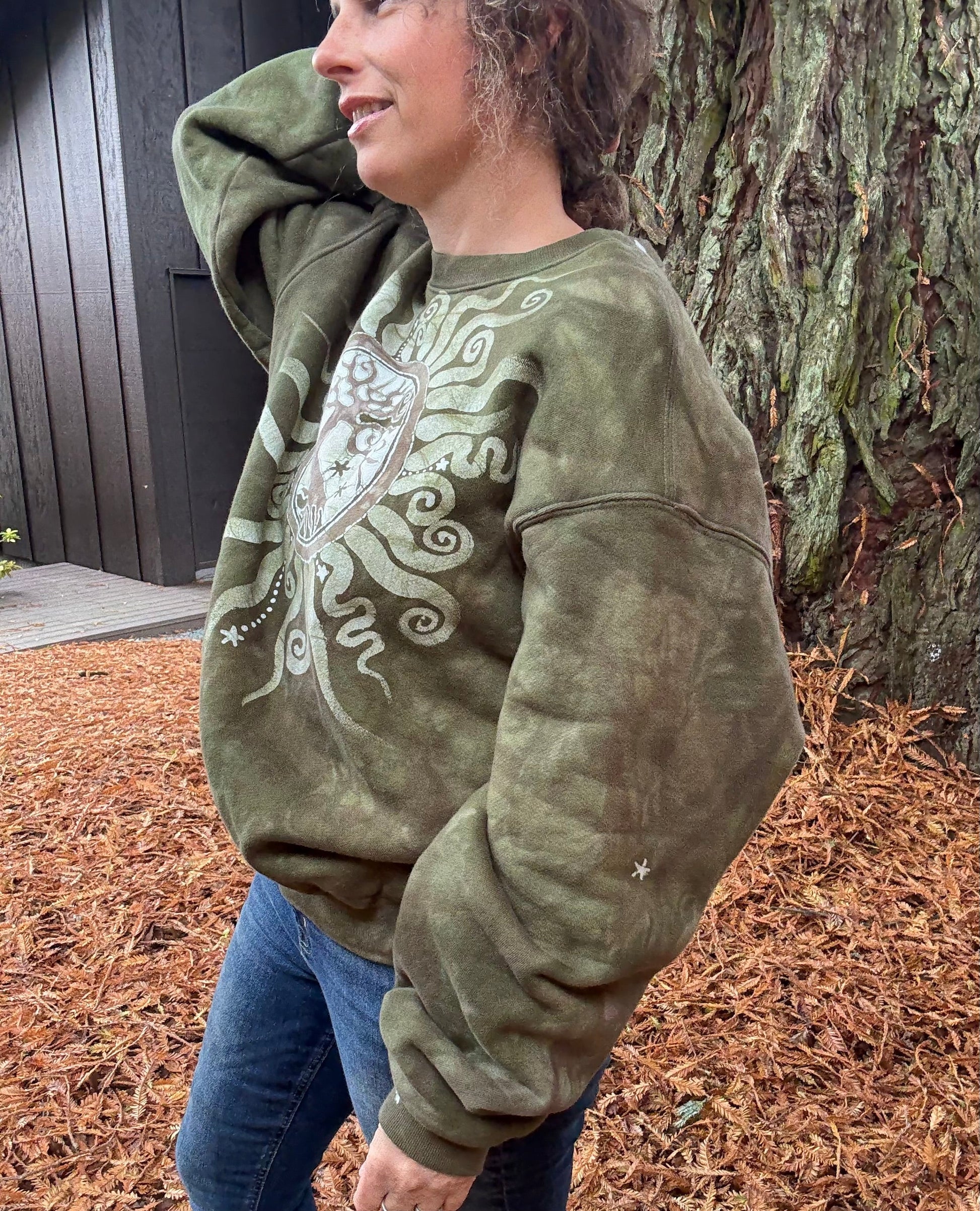 Olive Tree of Life Puffy Batik Crewneck Sweatshirt – Hand-Painted Boho Pullover Batikwalla by Victoria 