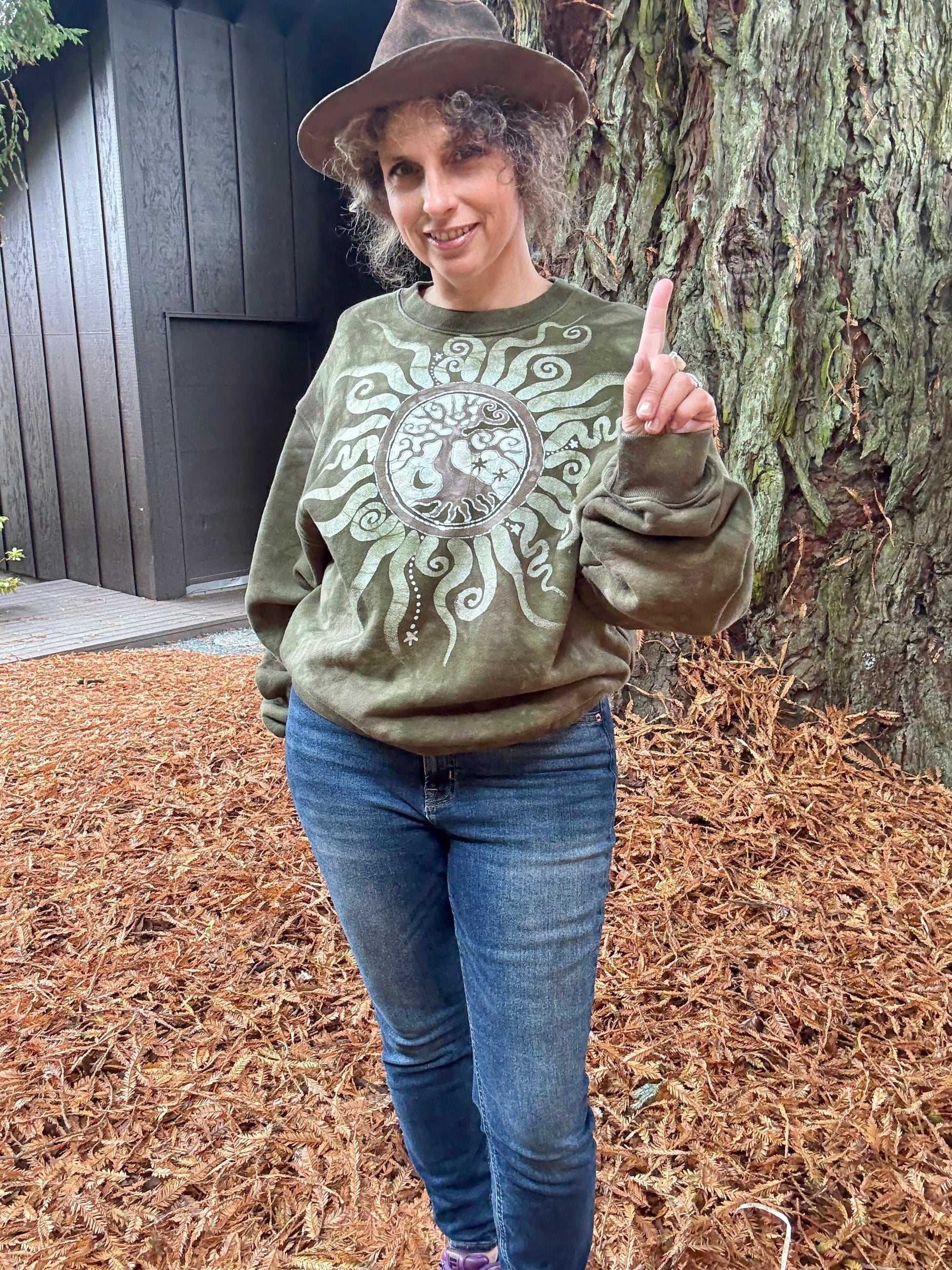 Olive Tree of Life Puffy Batik Crewneck Sweatshirt – Hand-Painted Boho Pullover Batikwalla by Victoria 