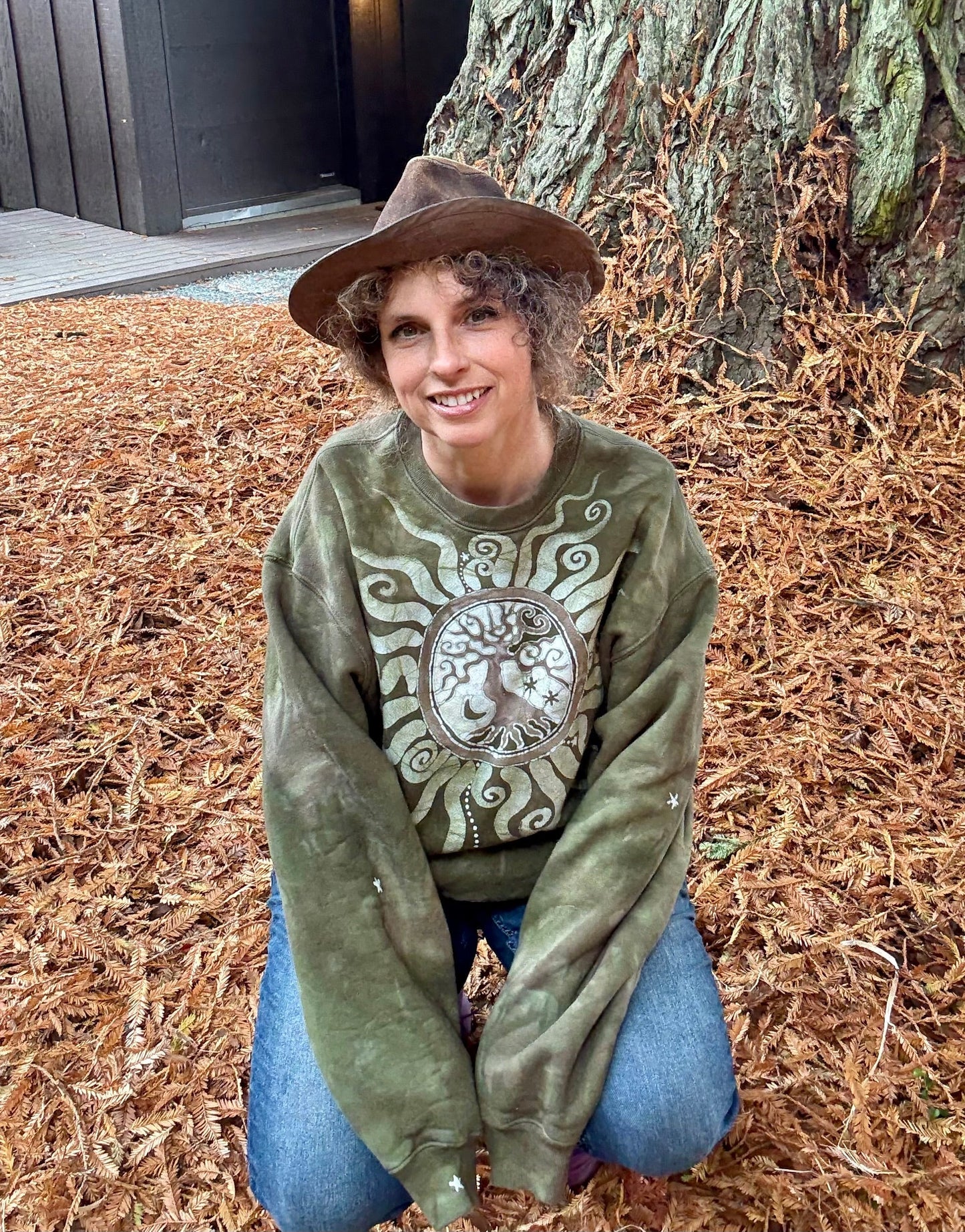 Olive Tree of Life Puffy Batik Crewneck Sweatshirt – Hand-Painted Boho Pullover Batikwalla by Victoria One size 
