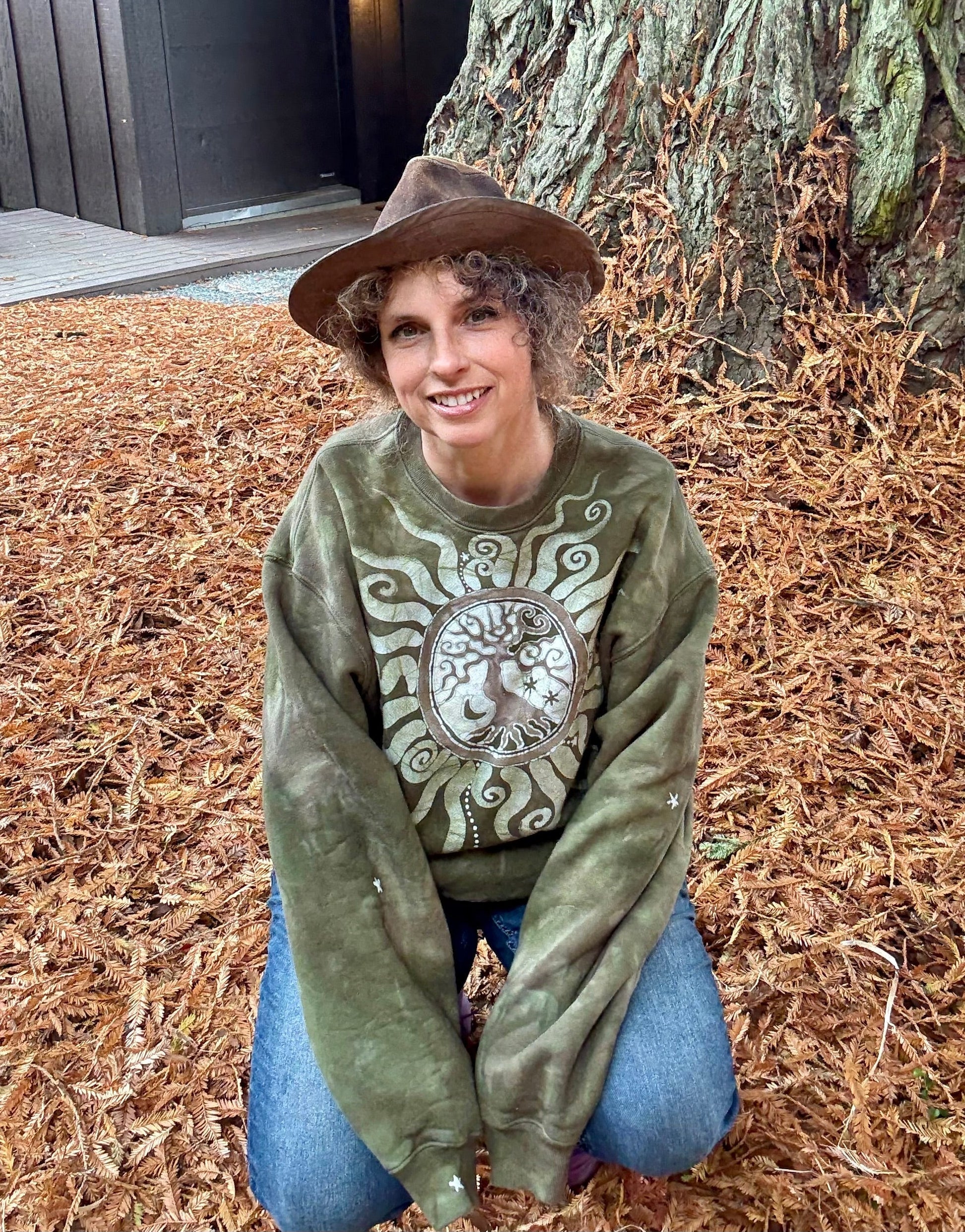 Olive Tree of Life Puffy Batik Crewneck Sweatshirt – Hand-Painted Boho Pullover Batikwalla by Victoria One size 