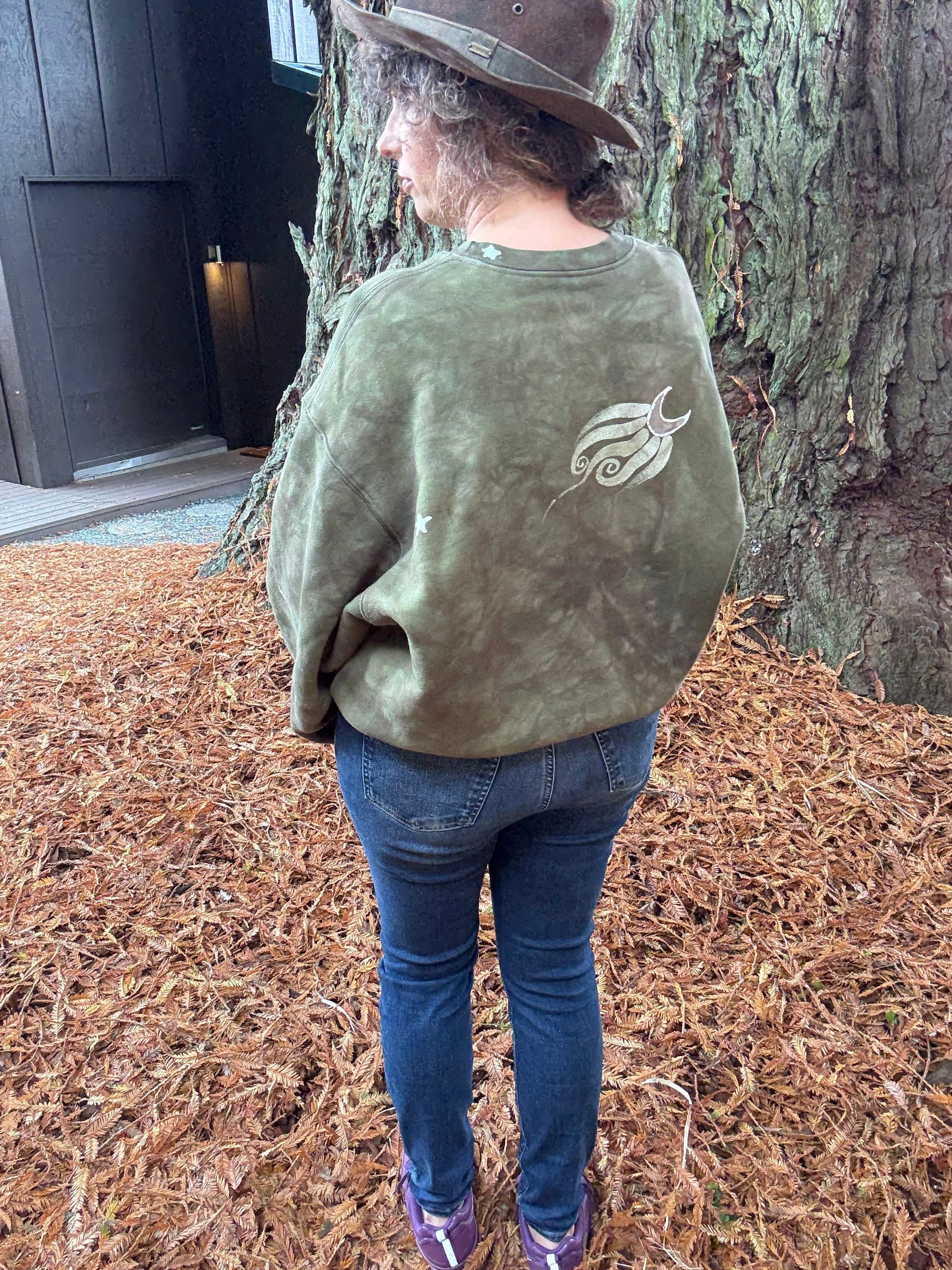 Olive Tree of Life Puffy Batik Crewneck Sweatshirt – Hand-Painted Boho Pullover Batikwalla by Victoria 