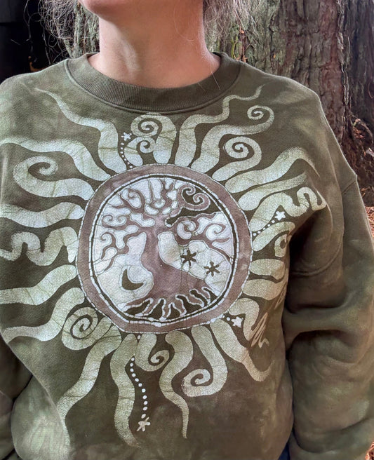 Olive Tree of Life Puffy Batik Crewneck Sweatshirt – Hand-Painted Boho Pullover Batikwalla by Victoria 