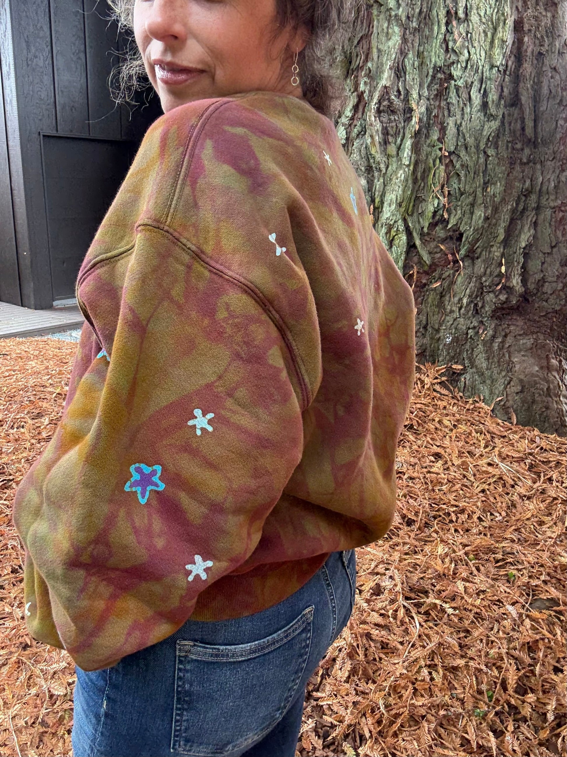 Celestial Flow Puffy Batik Crewneck – Hand-Painted Copper, Turquoise & Purple Sweatshirt Batikwalla by Victoria 
