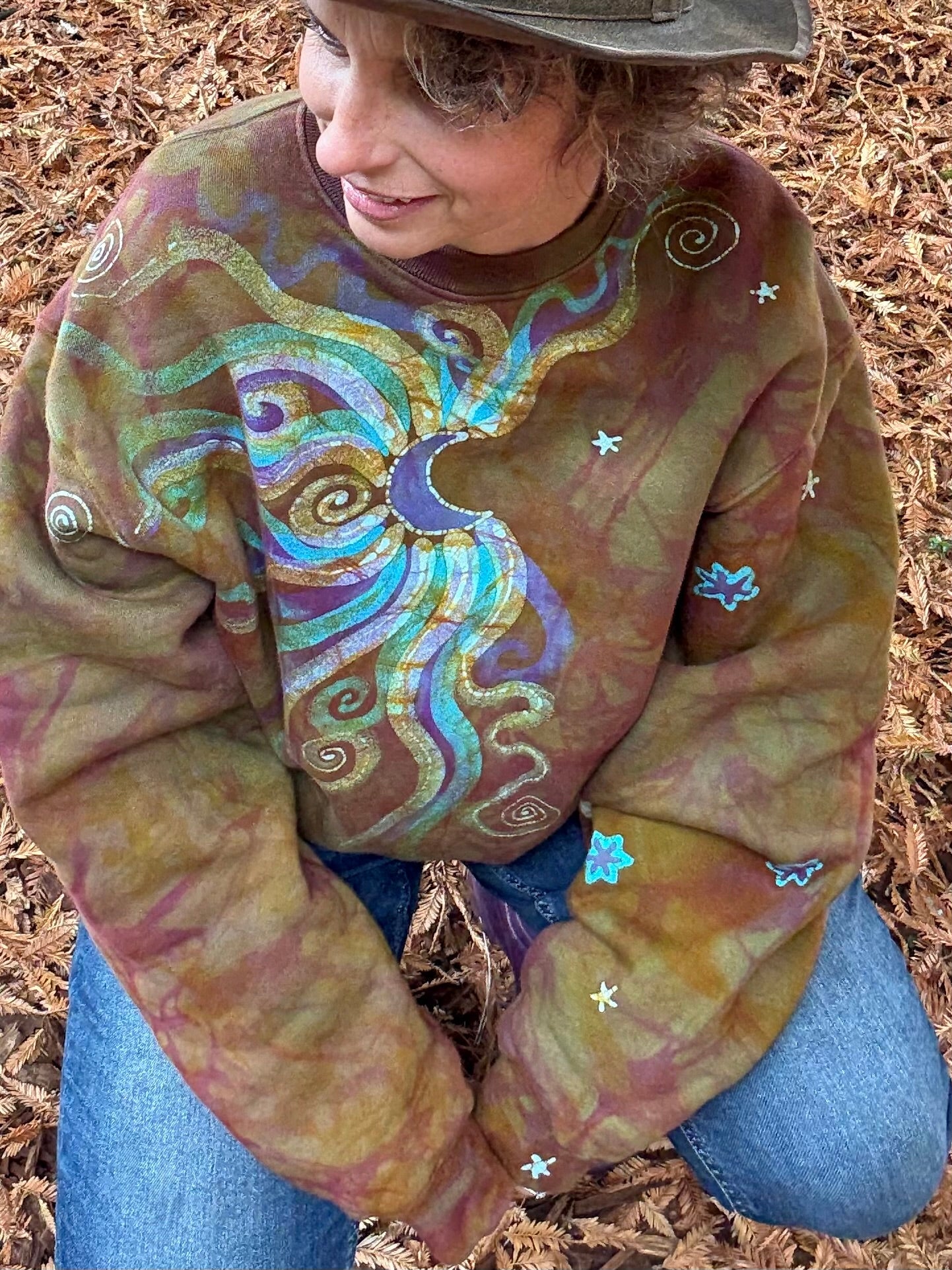 Celestial Flow Puffy Batik Crewneck – Hand-Painted Copper, Turquoise & Purple Sweatshirt Batikwalla by Victoria One size 