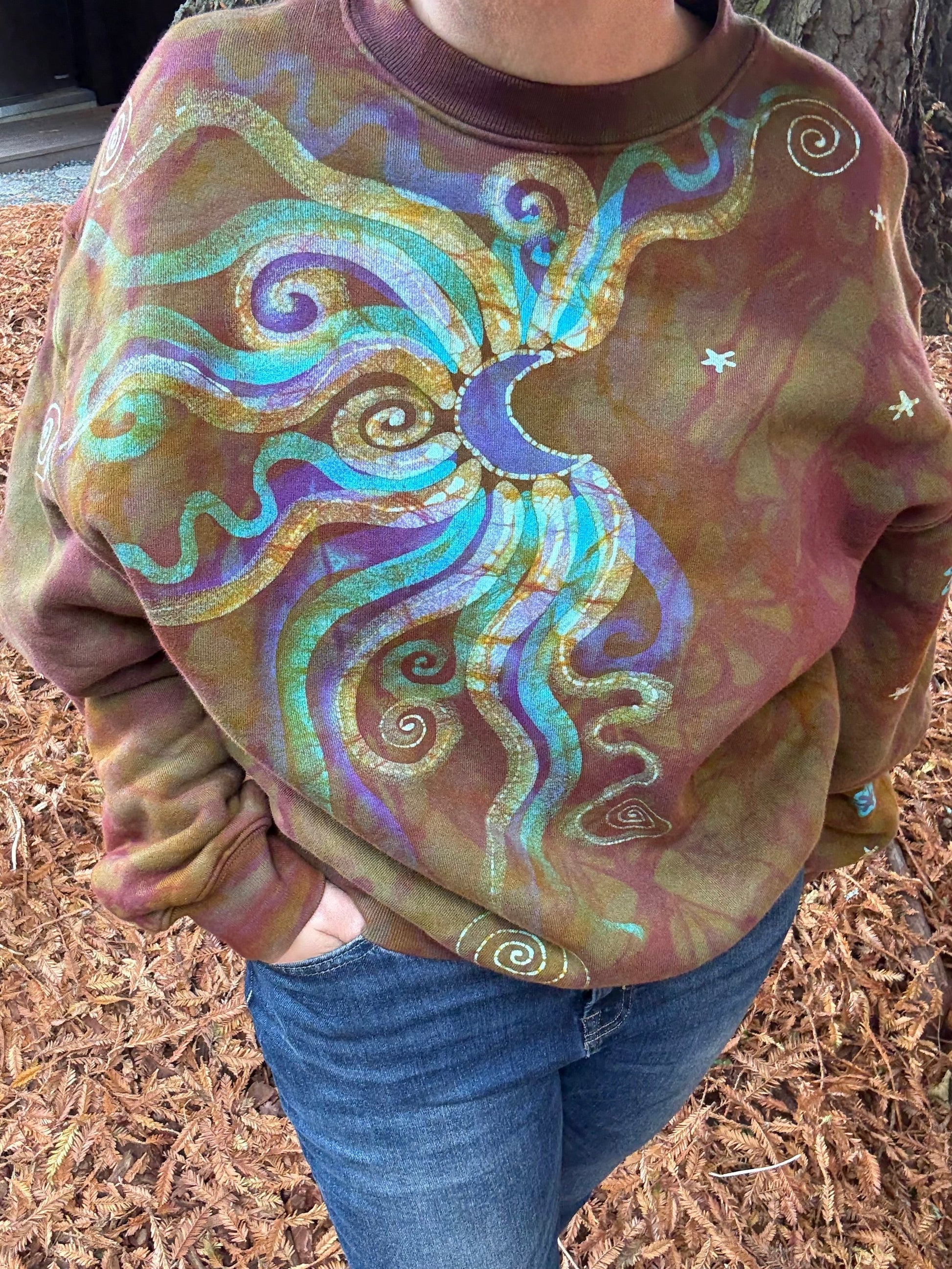 Celestial Flow Puffy Batik Crewneck – Hand-Painted Copper, Turquoise & Purple Sweatshirt Batikwalla by Victoria 