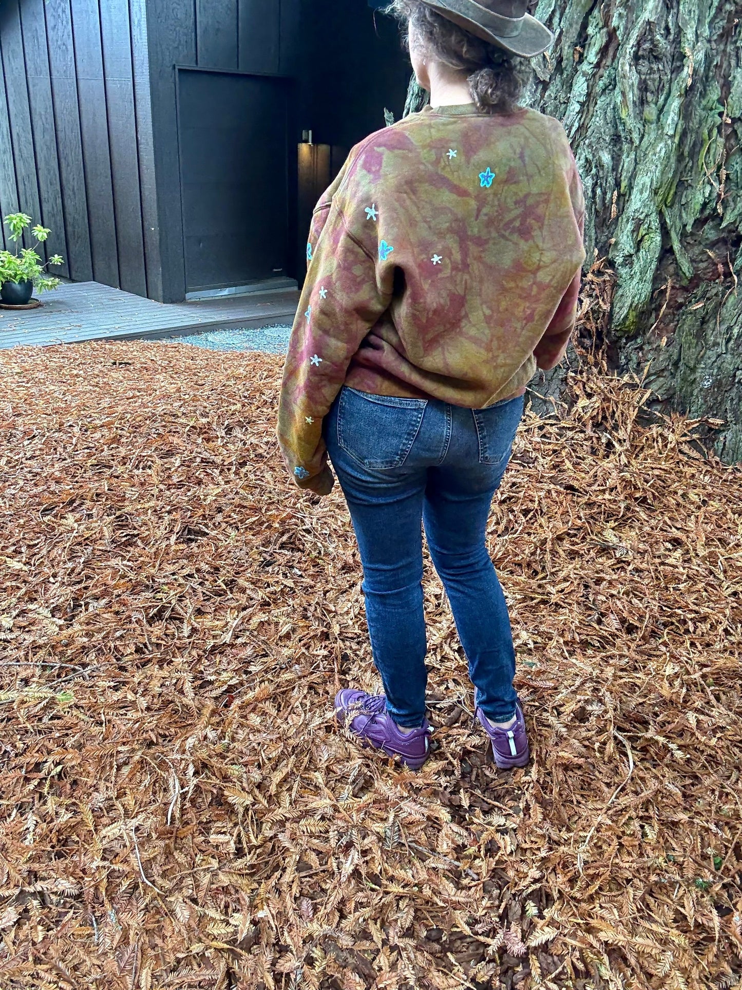 Celestial Flow Puffy Batik Crewneck – Hand-Painted Copper, Turquoise & Purple Sweatshirt Batikwalla by Victoria 