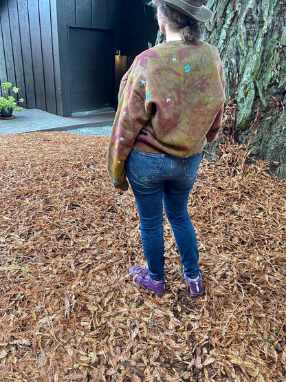 Celestial Flow Puffy Batik Crewneck – Hand-Painted Copper, Turquoise & Purple Sweatshirt Batikwalla by Victoria 