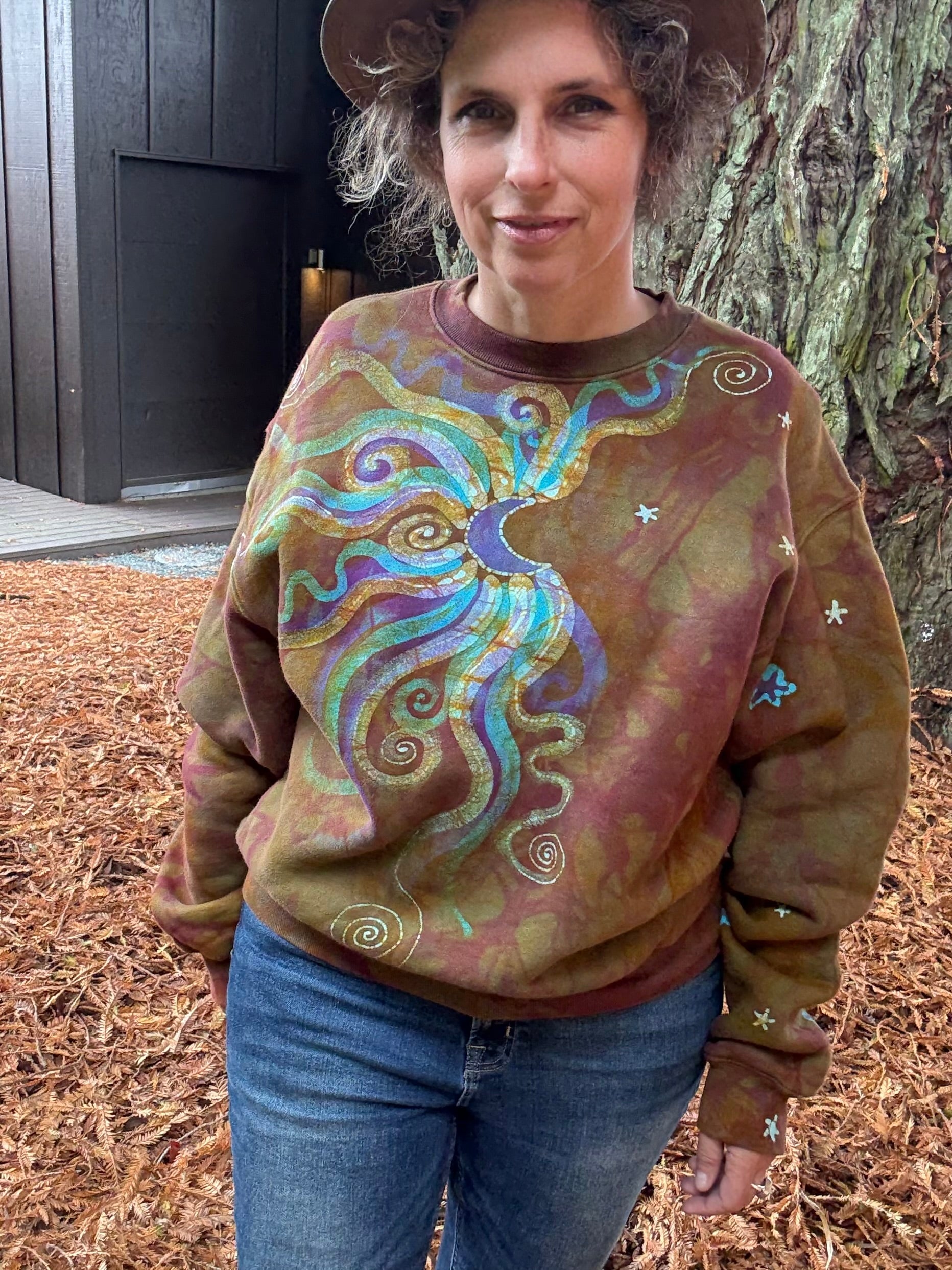 Celestial Flow Puffy Batik Crewneck – Hand-Painted Copper, Turquoise & Purple Sweatshirt Batikwalla by Victoria 