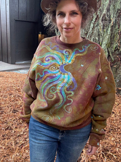 Celestial Flow Puffy Batik Crewneck – Hand-Painted Copper, Turquoise & Purple Sweatshirt Batikwalla by Victoria 