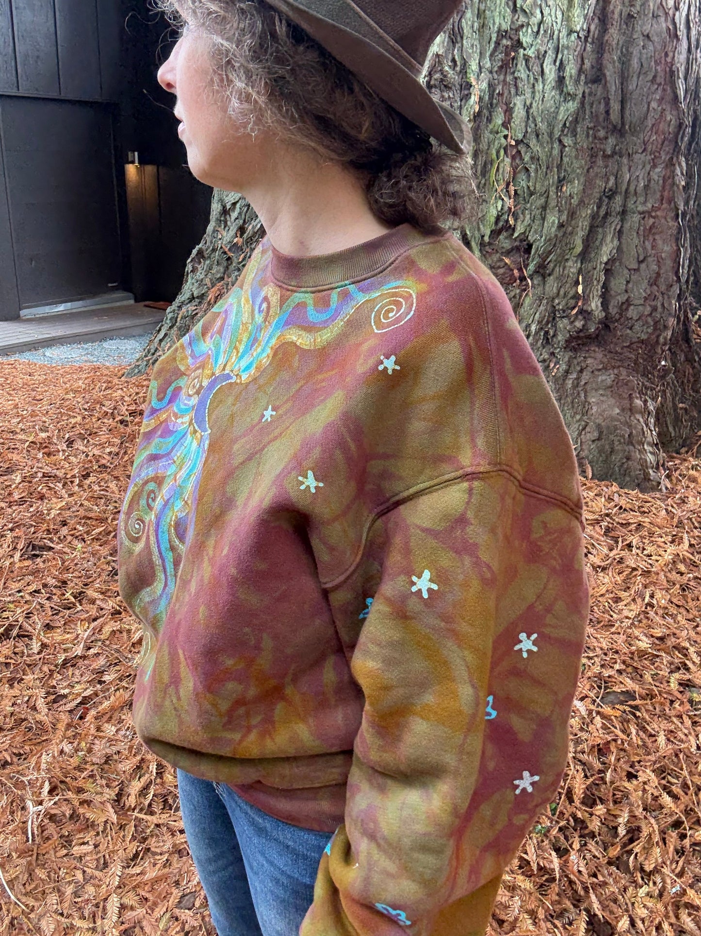 Celestial Flow Puffy Batik Crewneck – Hand-Painted Copper, Turquoise & Purple Sweatshirt Batikwalla by Victoria 