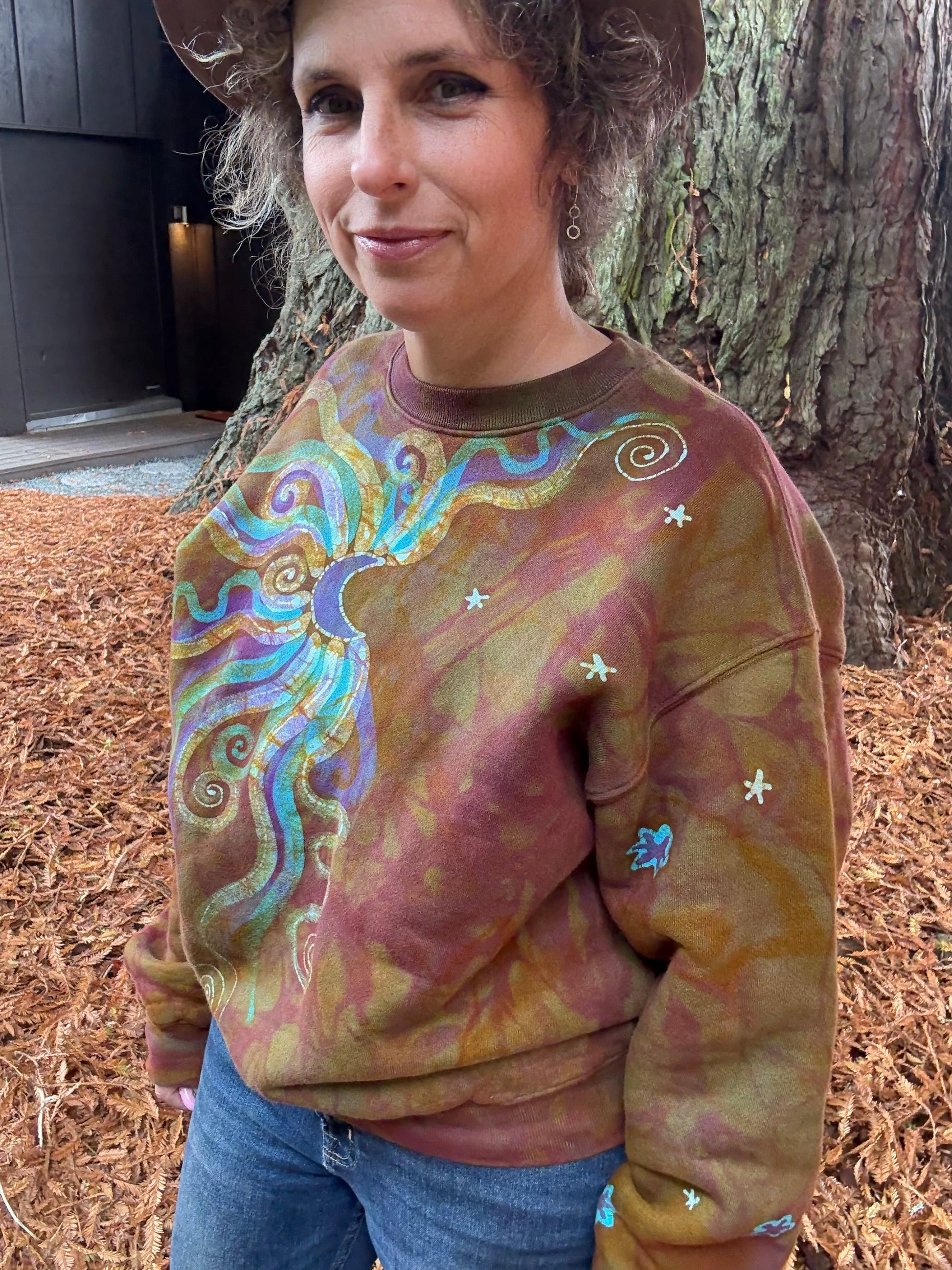 Celestial Flow Puffy Batik Crewneck – Hand-Painted Copper, Turquoise & Purple Sweatshirt Batikwalla by Victoria 