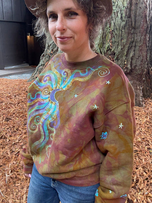 Celestial Flow Puffy Batik Crewneck – Hand-Painted Copper, Turquoise & Purple Sweatshirt Batikwalla by Victoria 