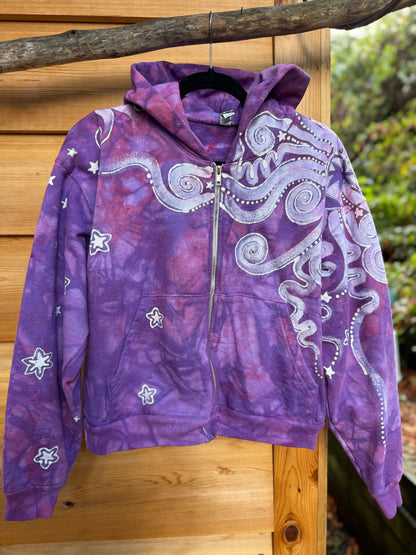 Lavender Stardust Swirl Hoodie – Handcrafted Batik Zip-Up (Women’s Size M/L) Batikwalla by Victoria 