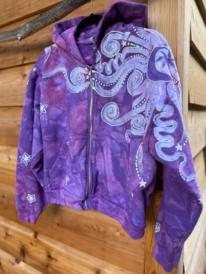 Lavender Stardust Swirl Hoodie – Handcrafted Batik Zip-Up (Women’s Size M/L) Batikwalla by Victoria 