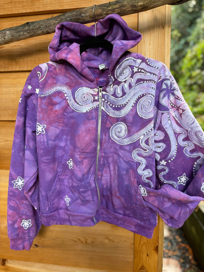 Lavender Stardust Swirl Hoodie – Handcrafted Batik Zip-Up (Women’s Size M/L) Batikwalla by Victoria 