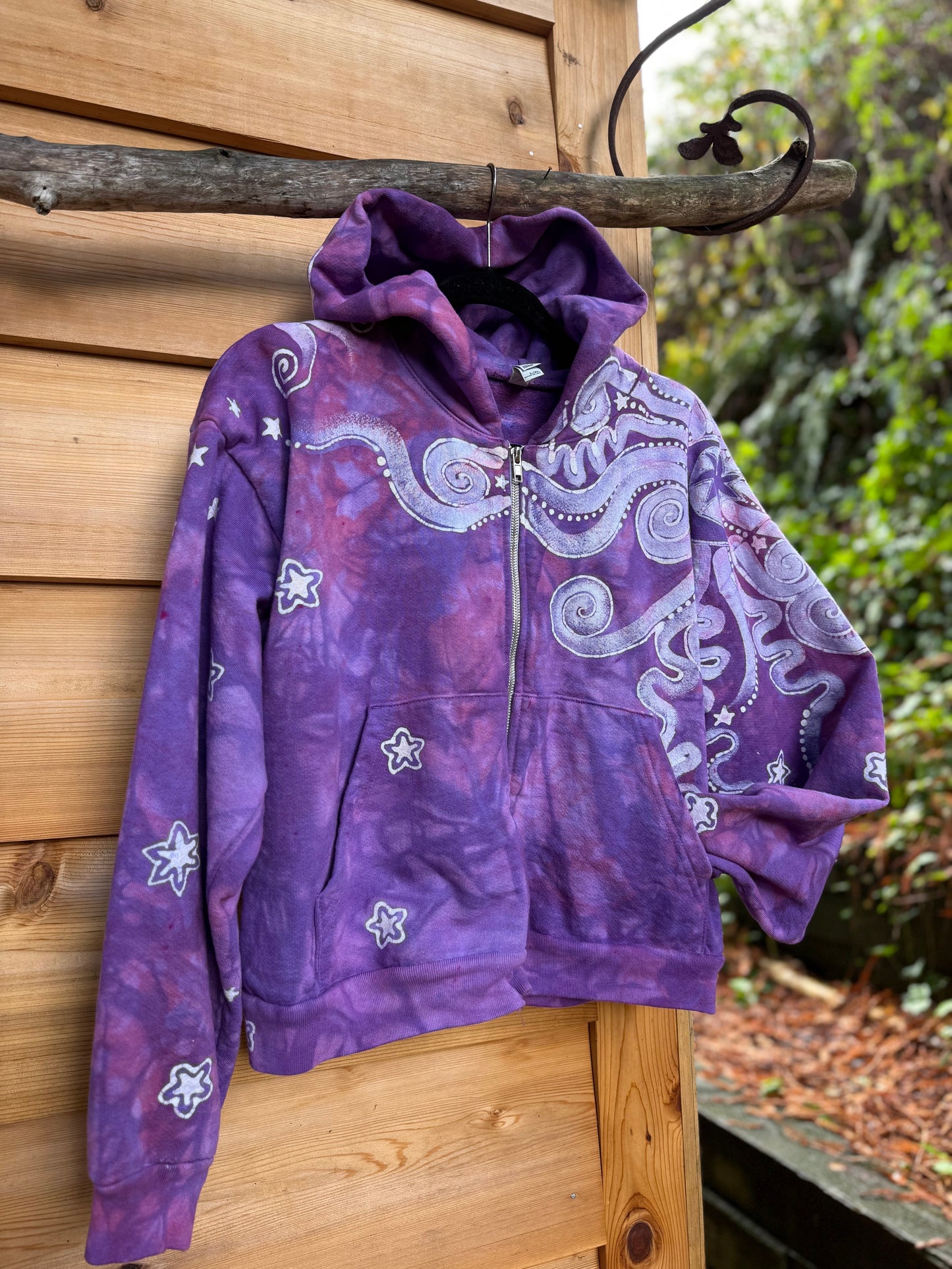 Lavender Stardust Swirl Hoodie – Handcrafted Batik Zip-Up (Women’s Size M/L) Batikwalla by Victoria 