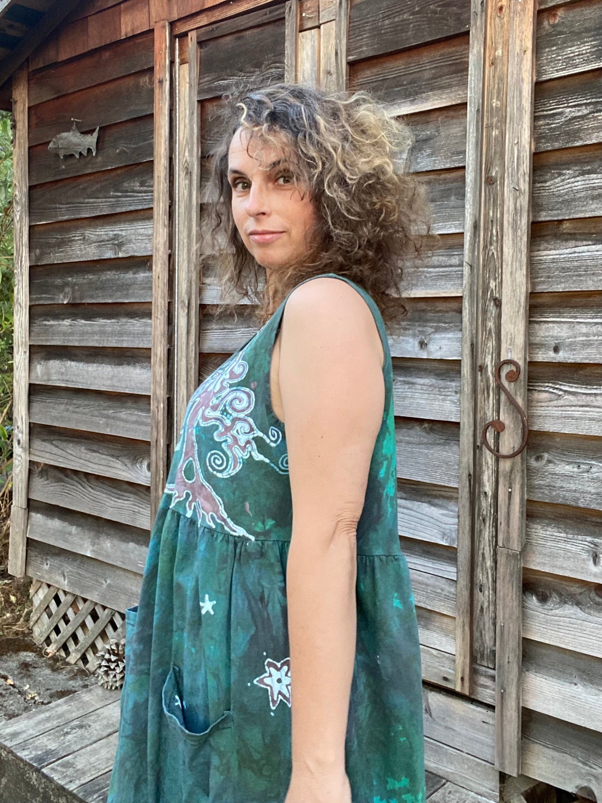 Mist in the Moss Green Forest - Farmer's Market Pocket Dress - Size 2X Batik Dresses Batikwalla 
