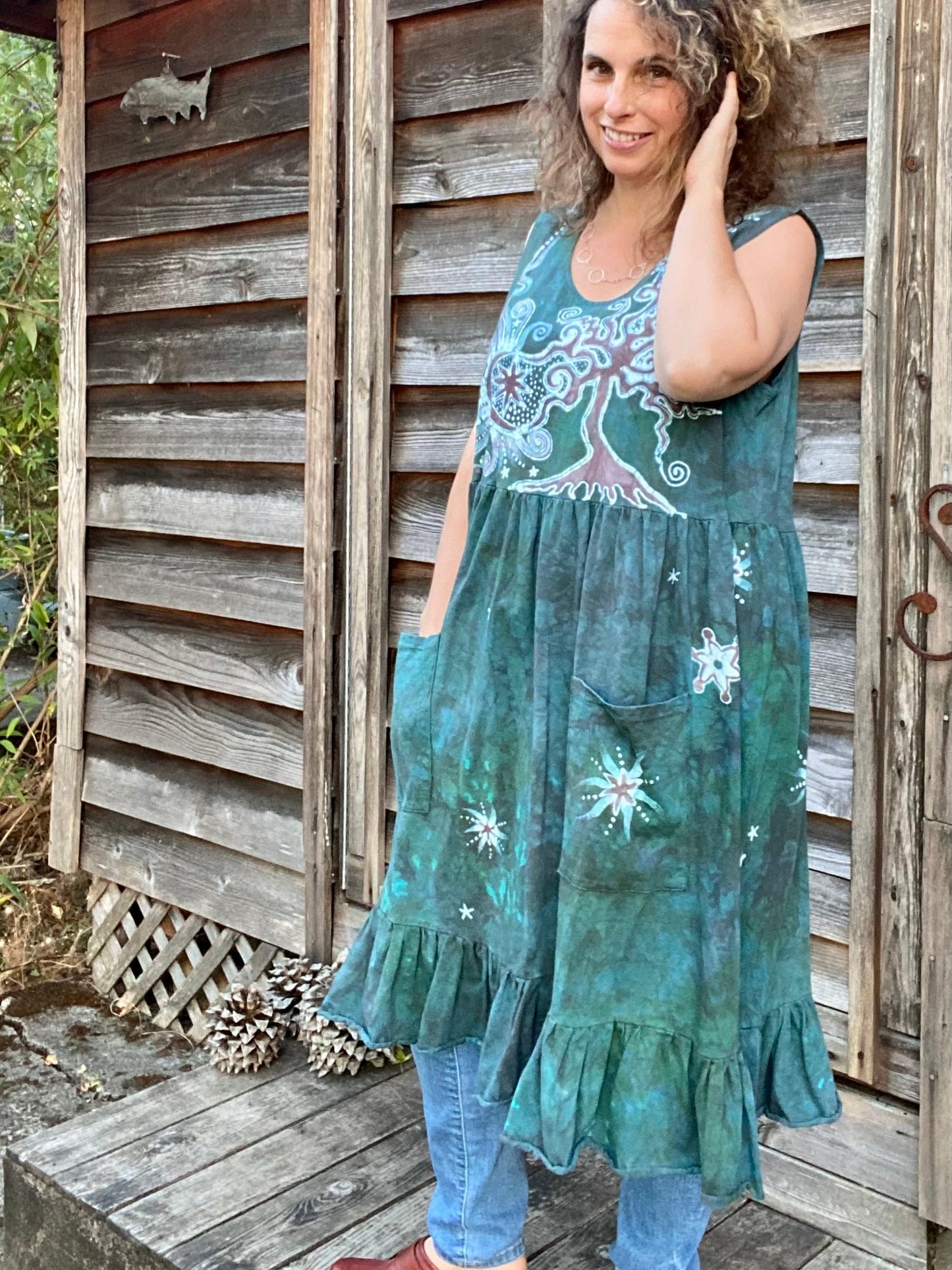 Mist in the Moss Green Forest - Farmer's Market Pocket Dress - Size 2X Batik Dresses Batikwalla 